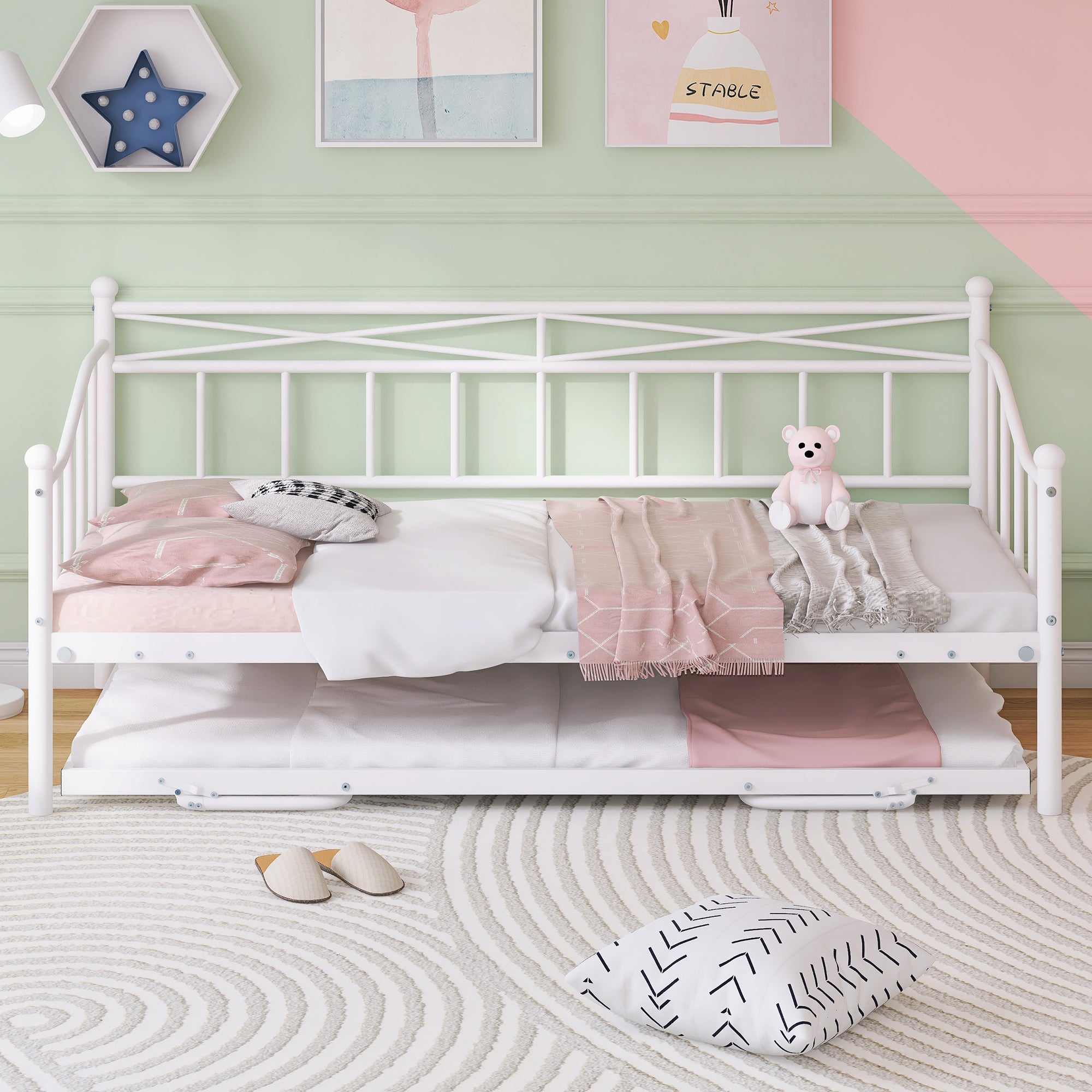 paproos Twin Size Daybed with Adjustable Pop Up Trundle, Heavy-Duty Steel Metal Bed Frame Space Saving, Perfect for Kids/Teens/Adults