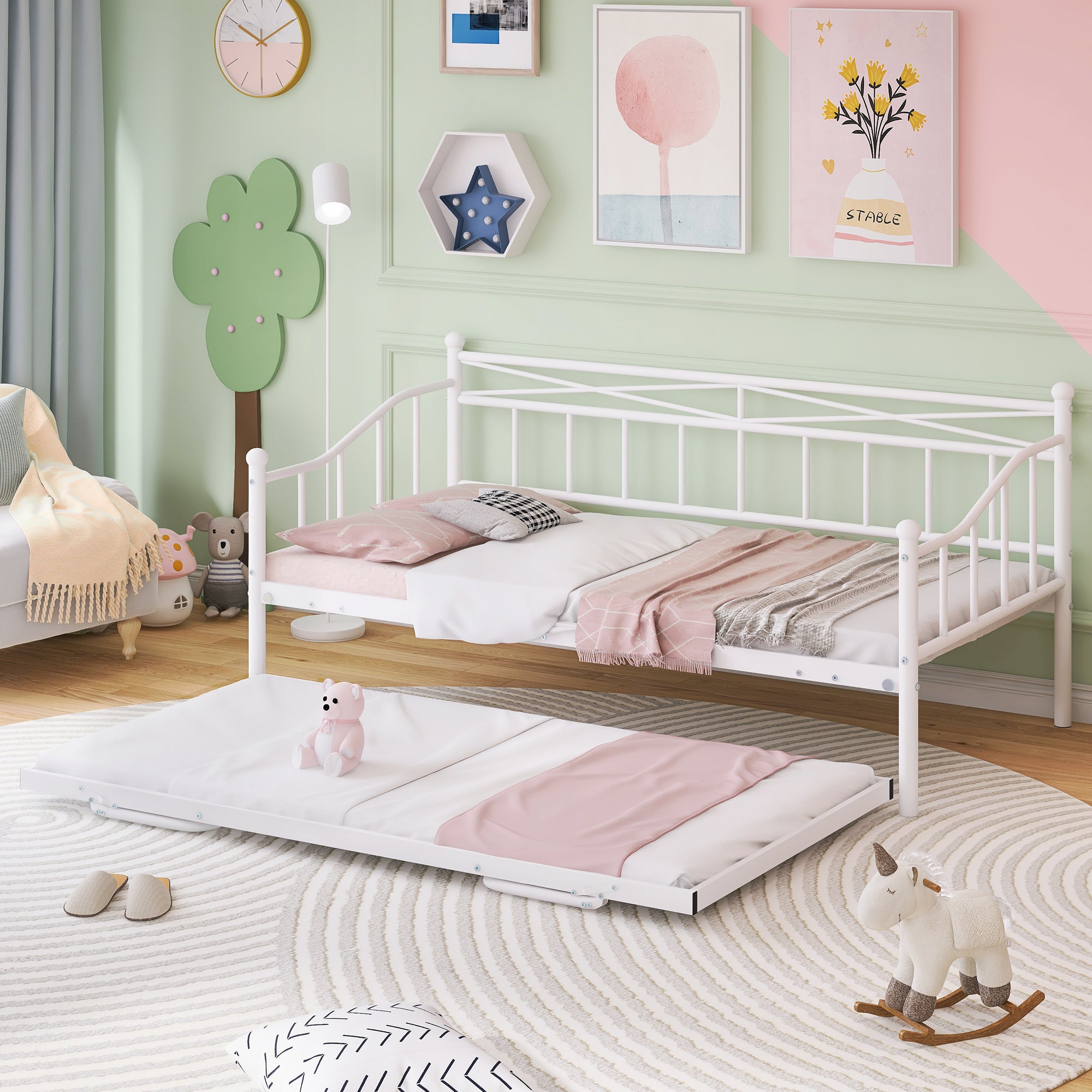 paproos Twin Size Daybed with Adjustable Pop Up Trundle, Heavy-Duty Steel Metal Bed Frame Space Saving, Perfect for Kids/Teens/Adults