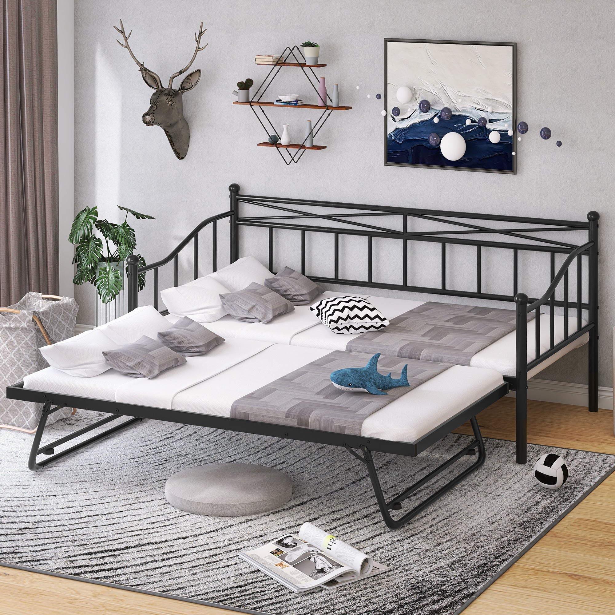 paproos Metal Daybed with Pop Up Trundle, Twin Adjustable Metal Sofa Bed with Adjustable Trundle Steel Daybed for Bedroom Guest Room, White
