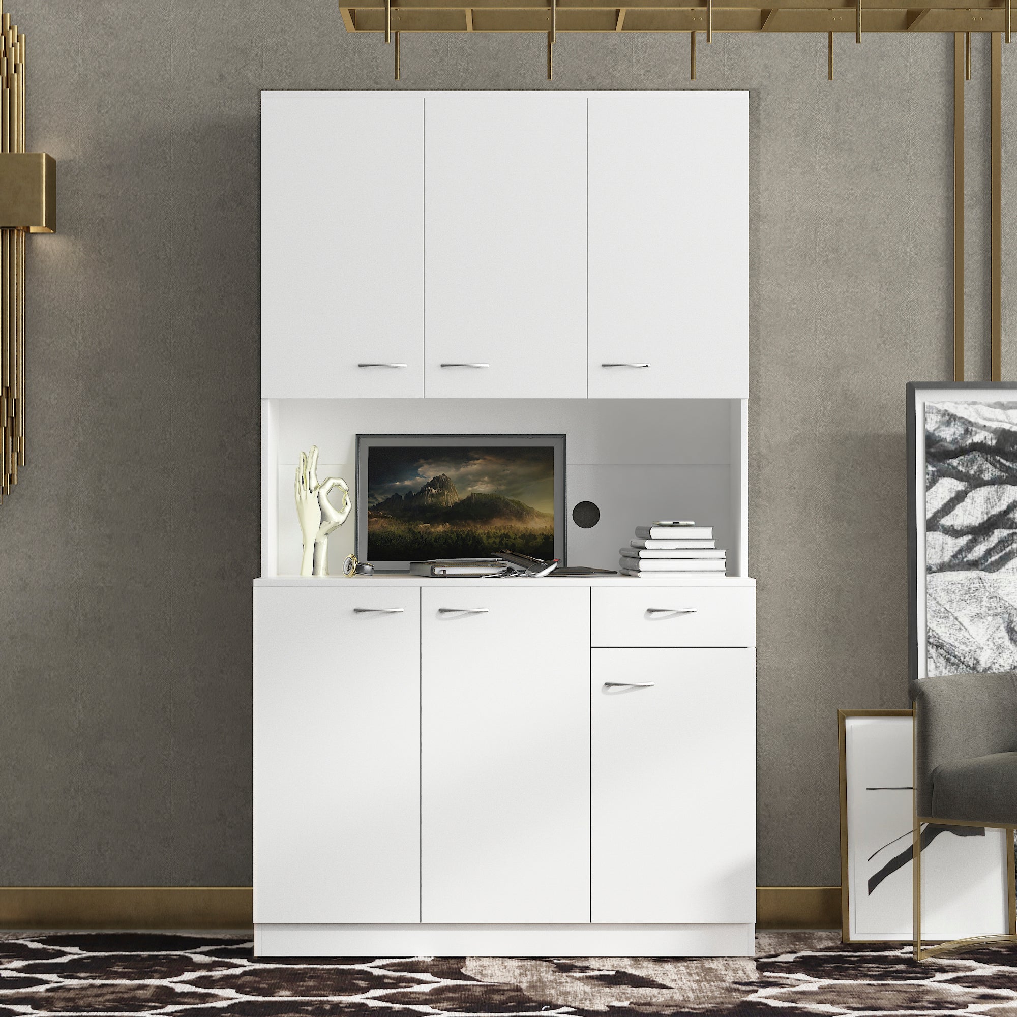 paproos 70.87" Pantry Cabinets with Hutch, Tall Kitchen Pantry Storage Cabinet, Sideboard Buffet Cabinet with 6 Doors, Large Countertop, Storage Shelf, Kitchen Dining Room Bathroom Sideboard, White