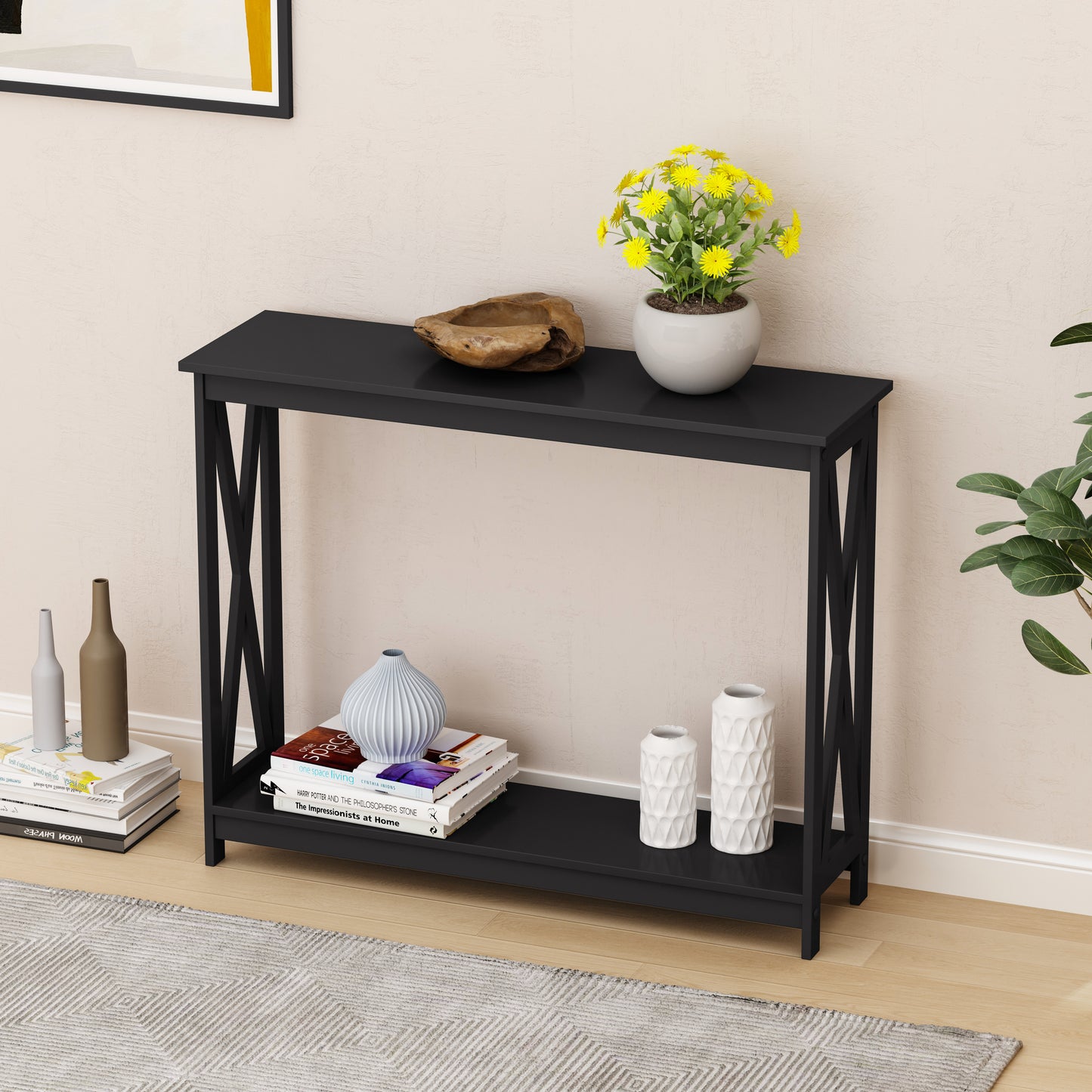 paproos Wood Console Table, Sofa Side Table with Open Storage Shelf for Living Room, Hallway Table Entry Table for Entryway, Black