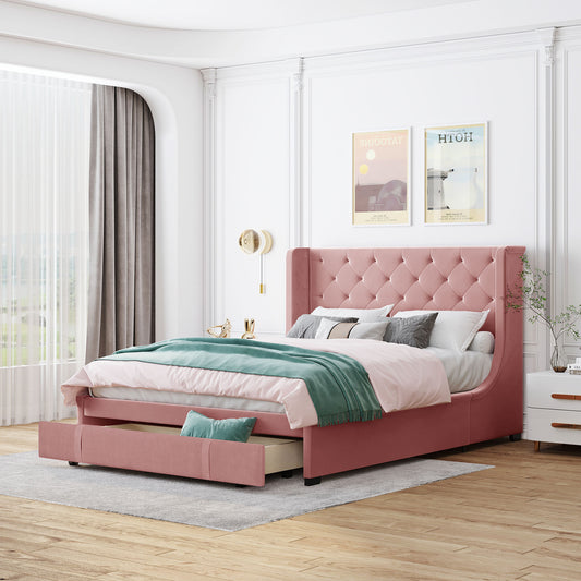 paproos Queen Size Storage Bed, Velvet Upholstered Platform Bed with Wingback Headboard and a Big Drawer, No Box Spring Needed, Easy Assembly (Pink)