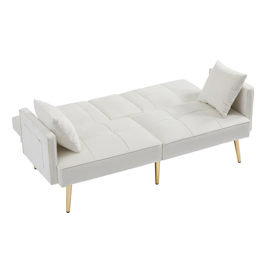 paproos Convertible Futon Sofa Bed, 69-inch Modern Tufted Velvet Sleeper Sofa Couch Oversized Loveseat Sofa w/3 Adjustable Positions, Sofa Couch with 6 Metal Legs for Living Room Bedroom Office, White