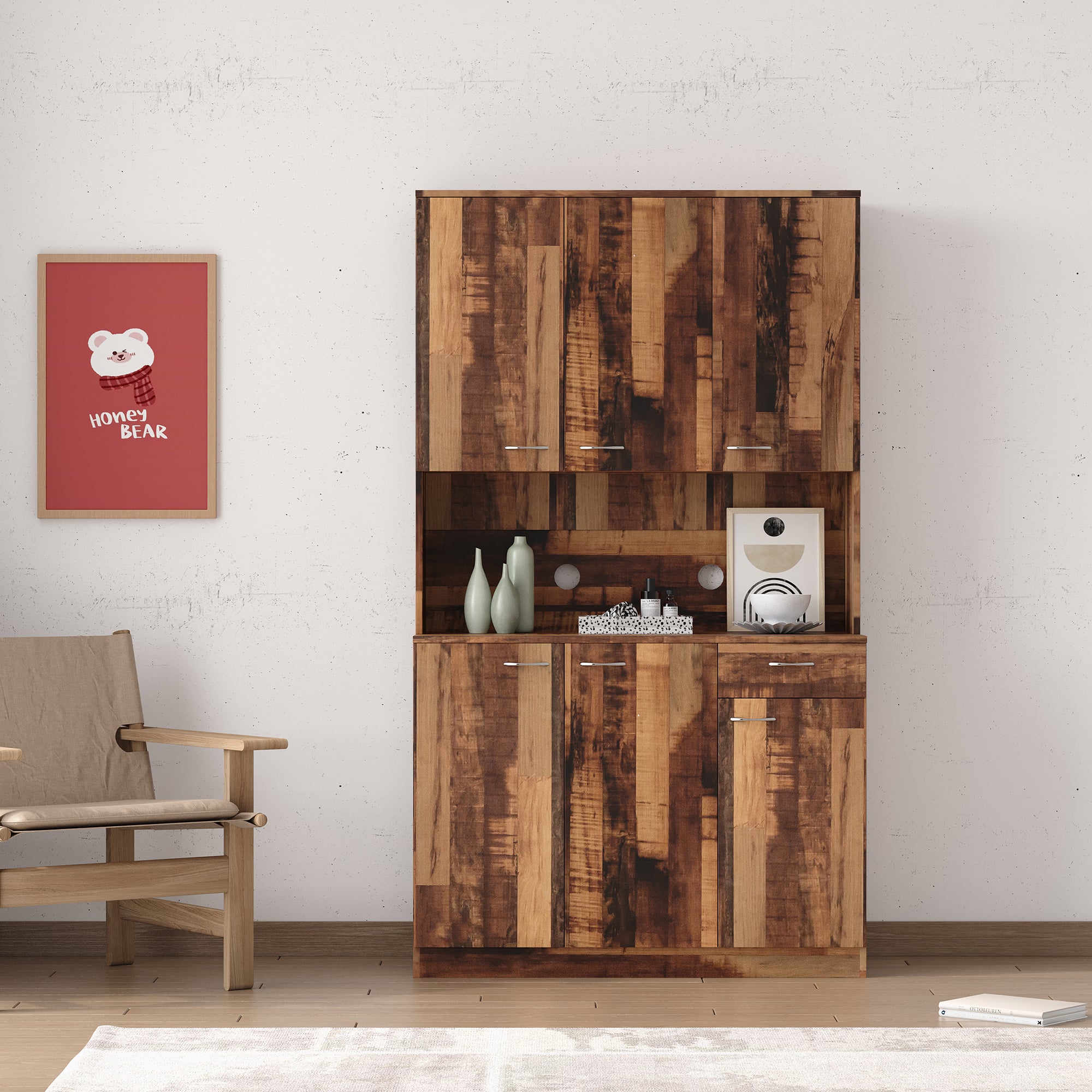 paproos 70.87" Pantry Cabinets with Hutch, Tall Kitchen Pantry Storage Cabinet, Sideboard Buffet Cabinet with 6 Doors, Large Countertop, Storage Shelf, Kitchen Dining Room Bathroom Sideboard, White