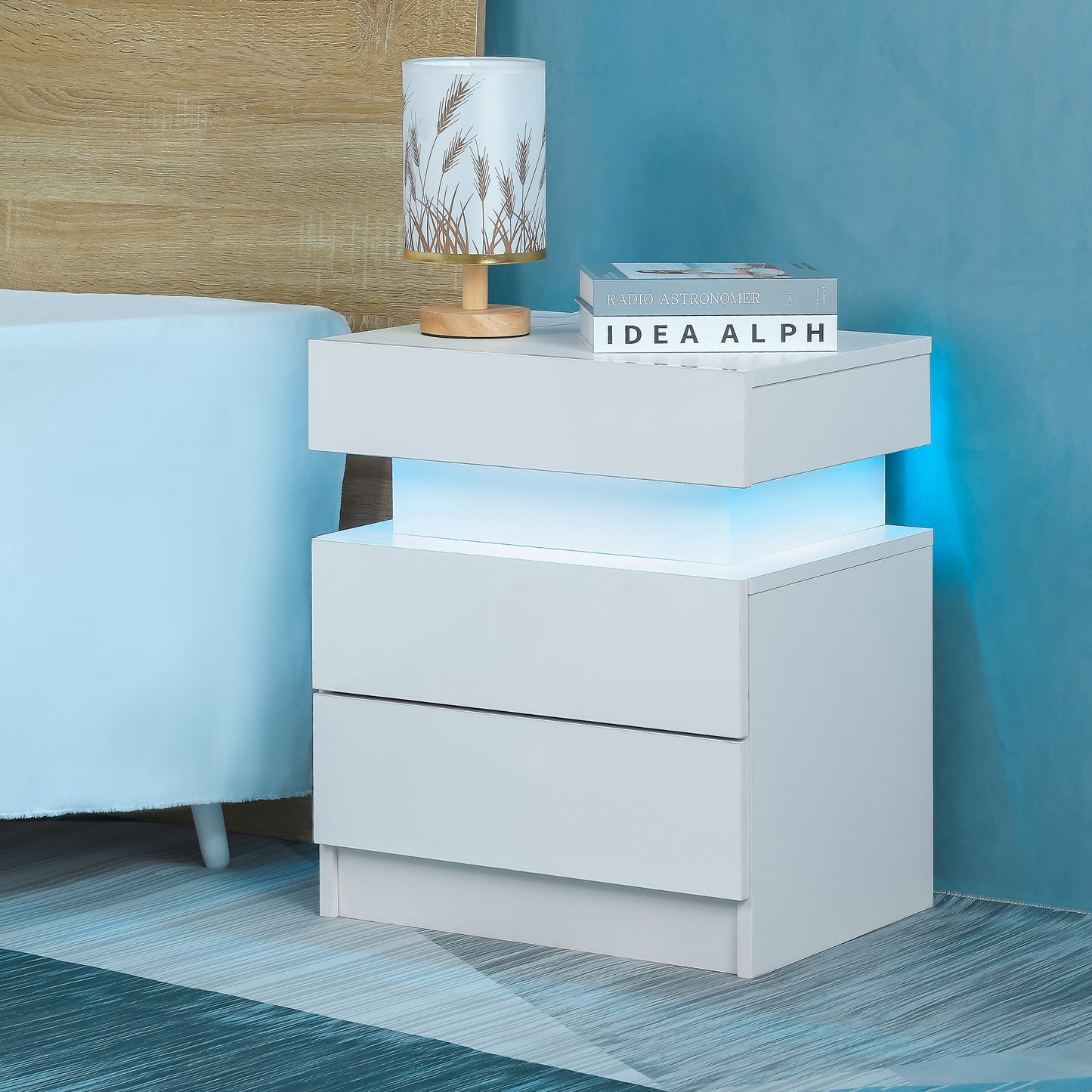 paproos LED Nightstand with 2 High Gloss Drawers, Modern White Nightstand with Remote Control LED, Tall Bedside Table, Nightstand with Storage Drawers for Bedroom Living Room