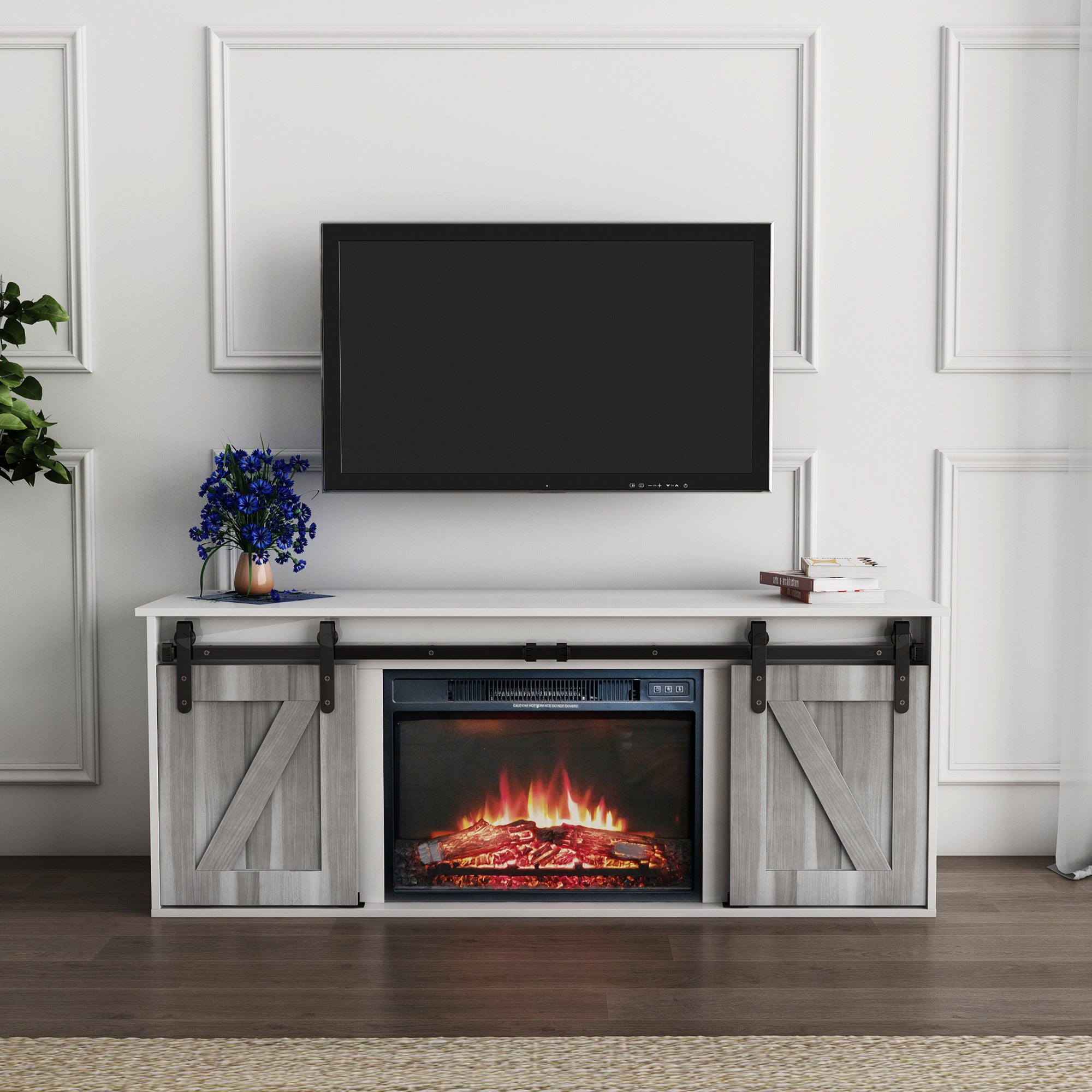 Entertainment center with fireplace and outlet sliding barn doors