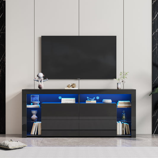 paproos Black Finish TV Stand for 75 Inch TV, Modern TV stand with 16 LED Light, 4 Storage Cabinet with Open Shelves for Living Room Bedroom $475.99