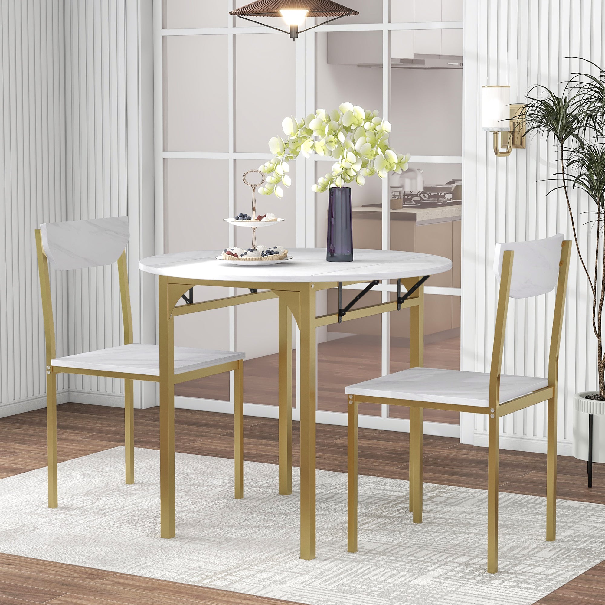 paproos 3-Piece Dining Table Set with Drop Leaf and 2 Chairs, LJC