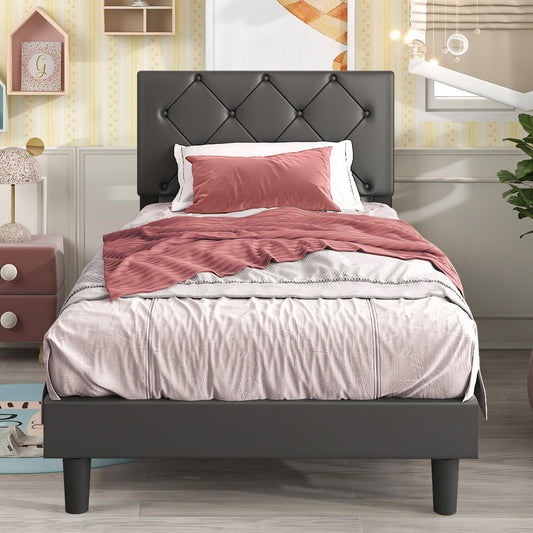 paproos Twin Bed Frame, Upholstered Faux Leather Platform Bed with Headboard