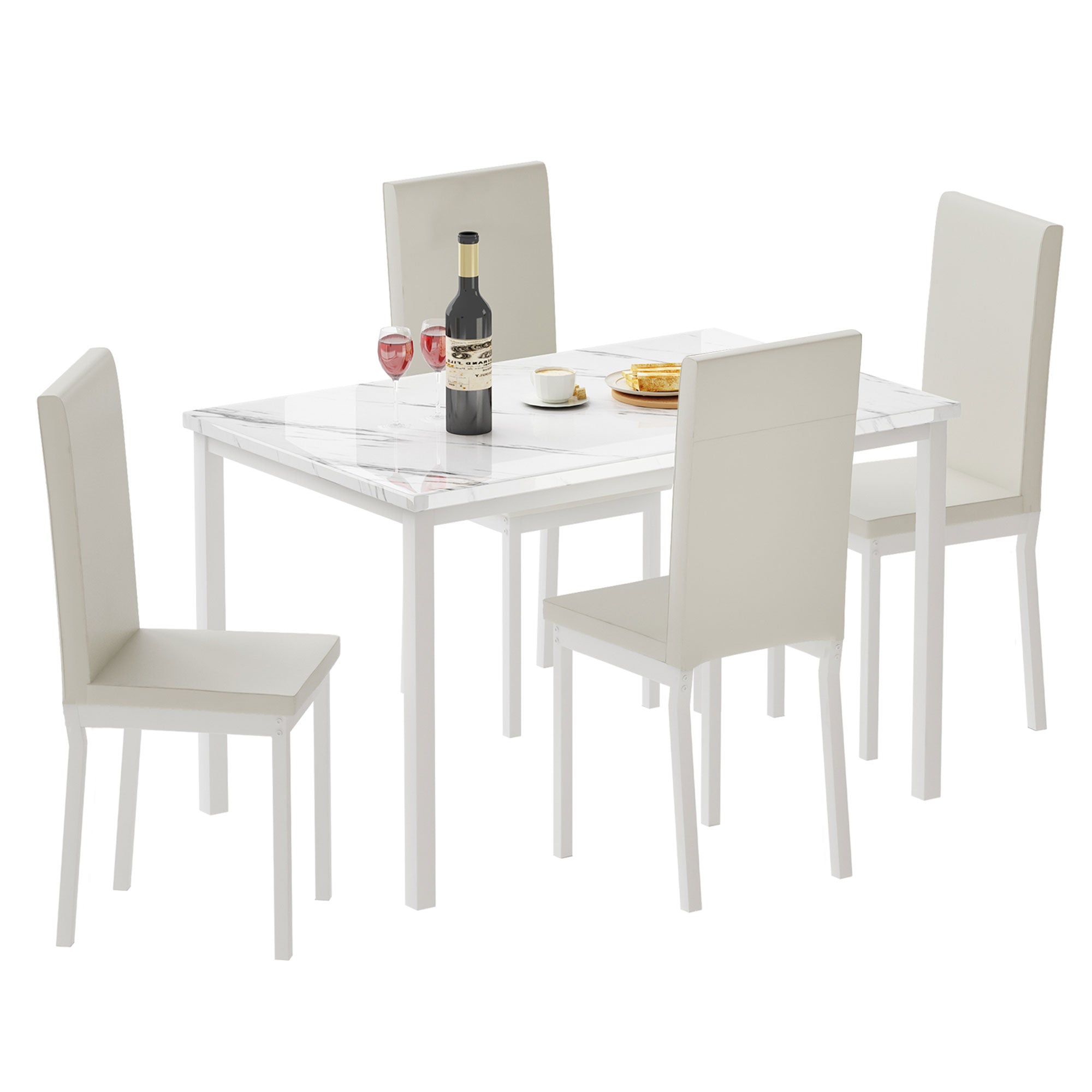 PAPROOS Dining Table Set for 4, Modern 5-Piece Kitchen Table Set with Marble Top and Faux Leather Upholstery Chairs