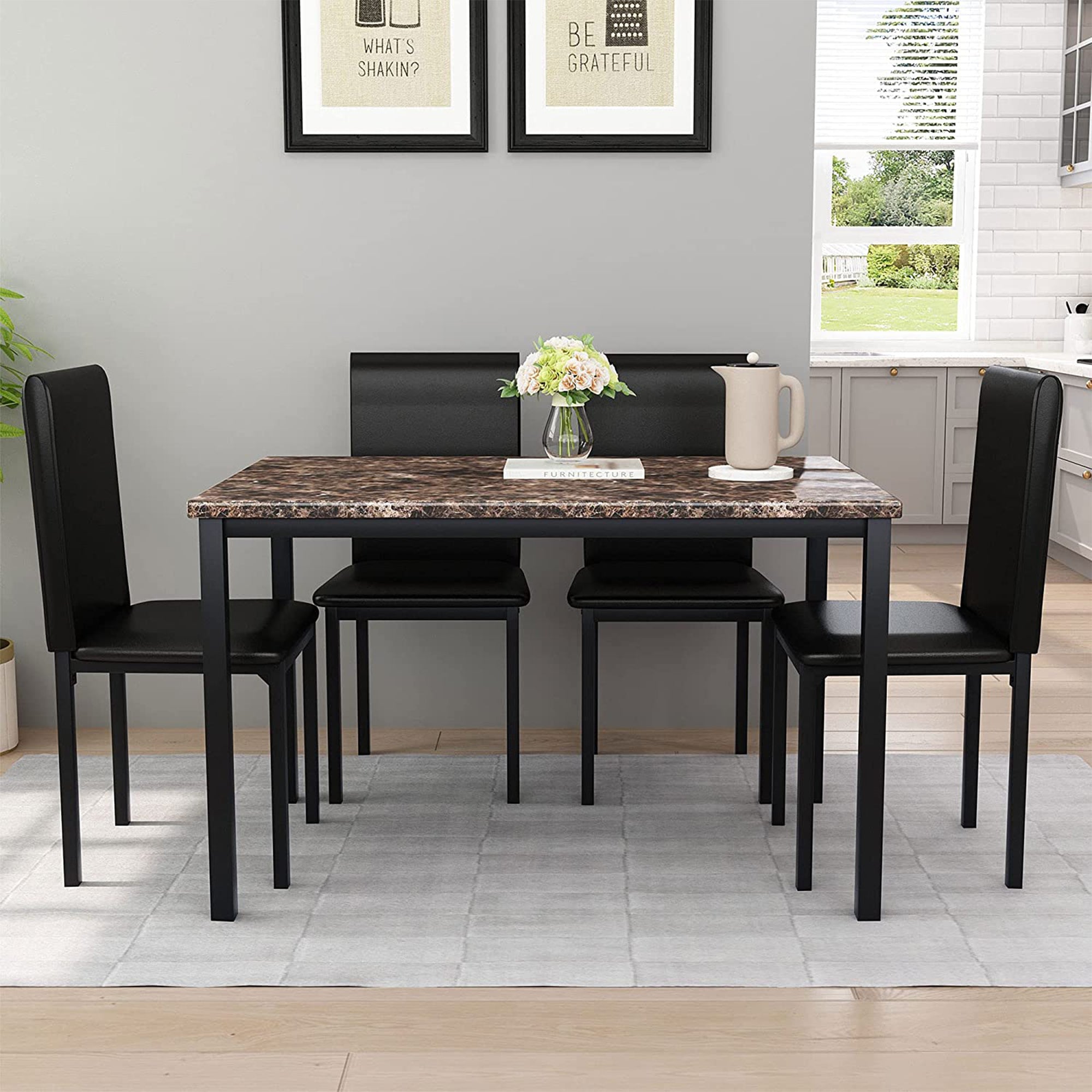 PAPROOS Dining Table Set for 4, Modern 5-Piece Kitchen Table Set with Marble Top and Faux Leather Upholstery Chairs