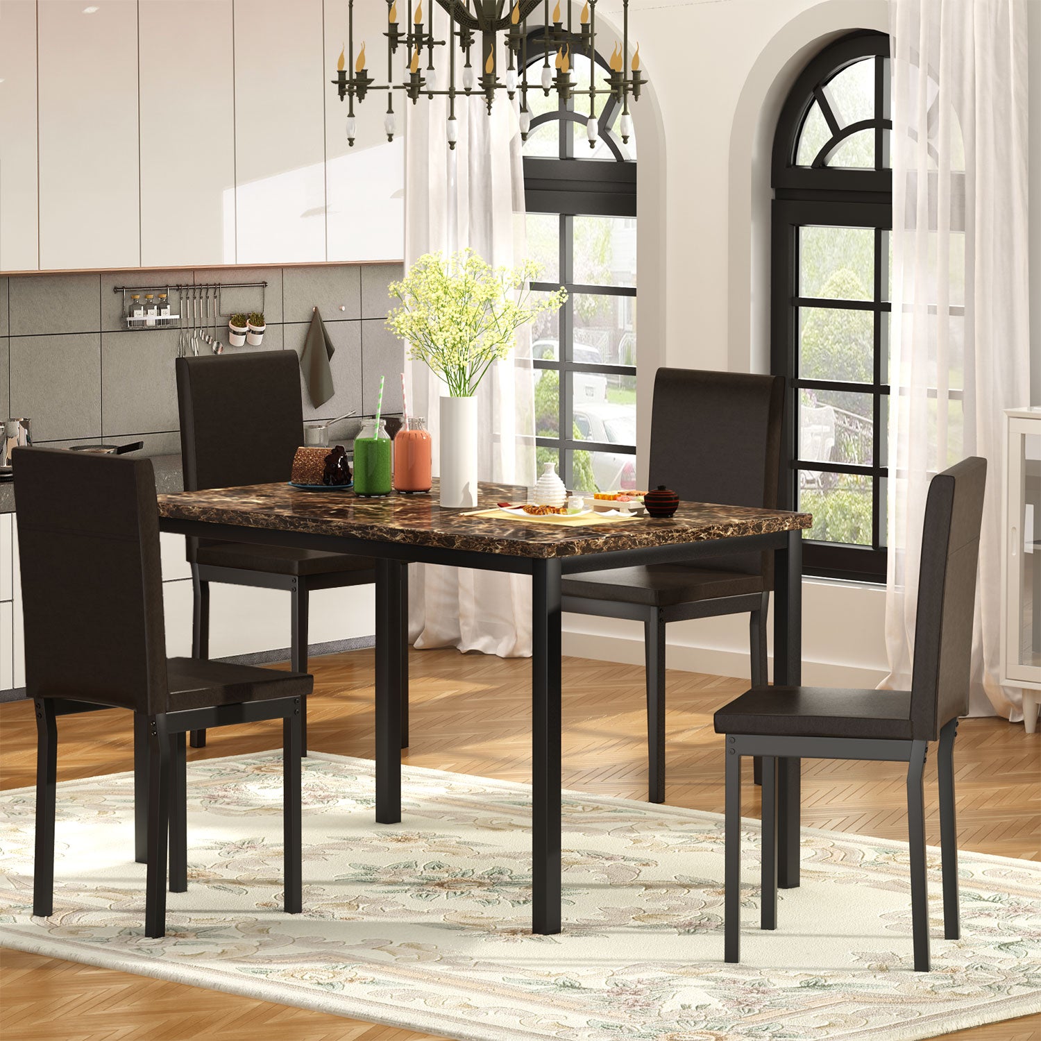 PAPROOS Dining Table Set for 4, Modern 5-Piece Kitchen Table Set with Marble Top and Faux Leather Upholstery Chairs