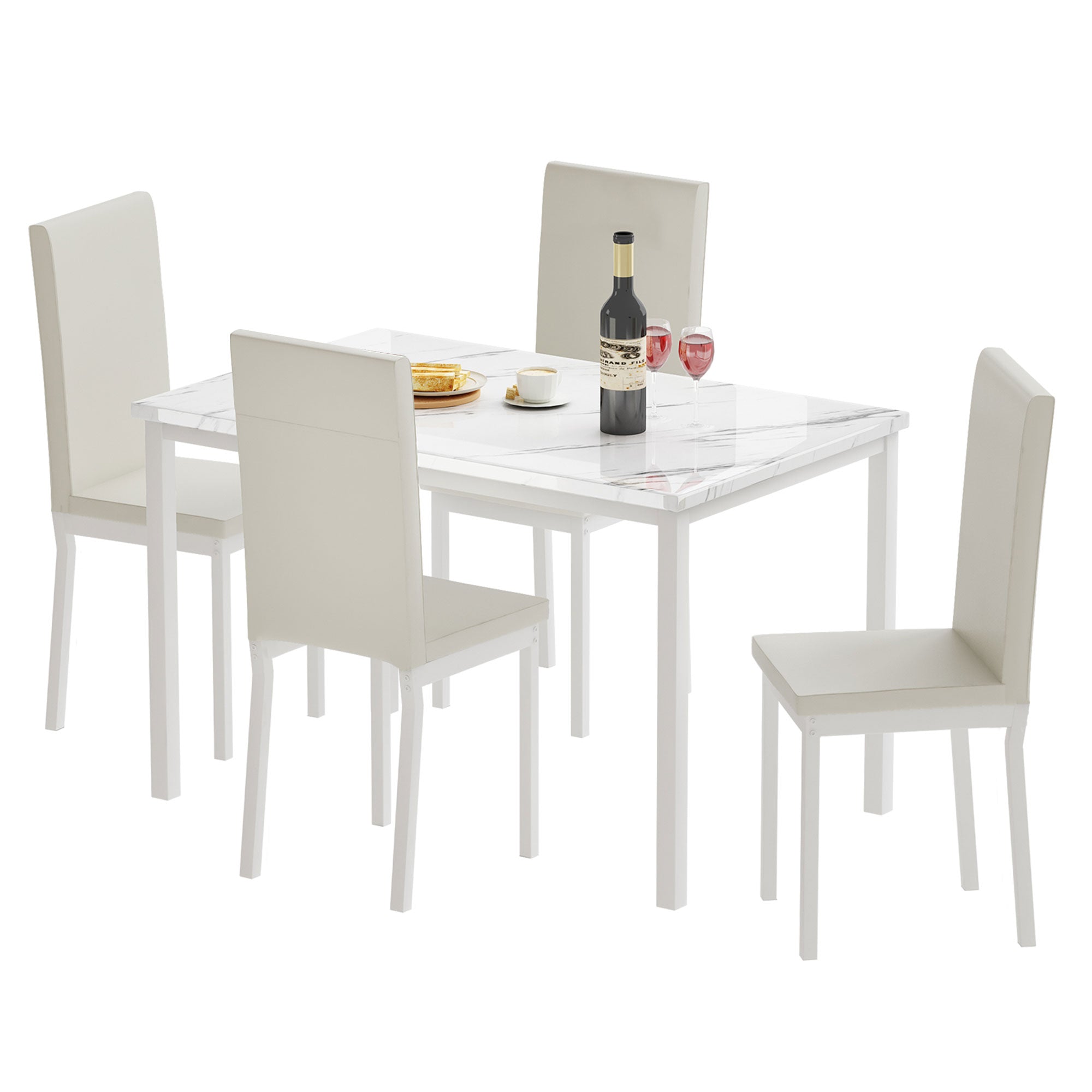 PAPROOS Dining Table Set for 4, Modern 5-Piece Kitchen Table Set with Marble Top and Faux Leather Upholstery Chairs