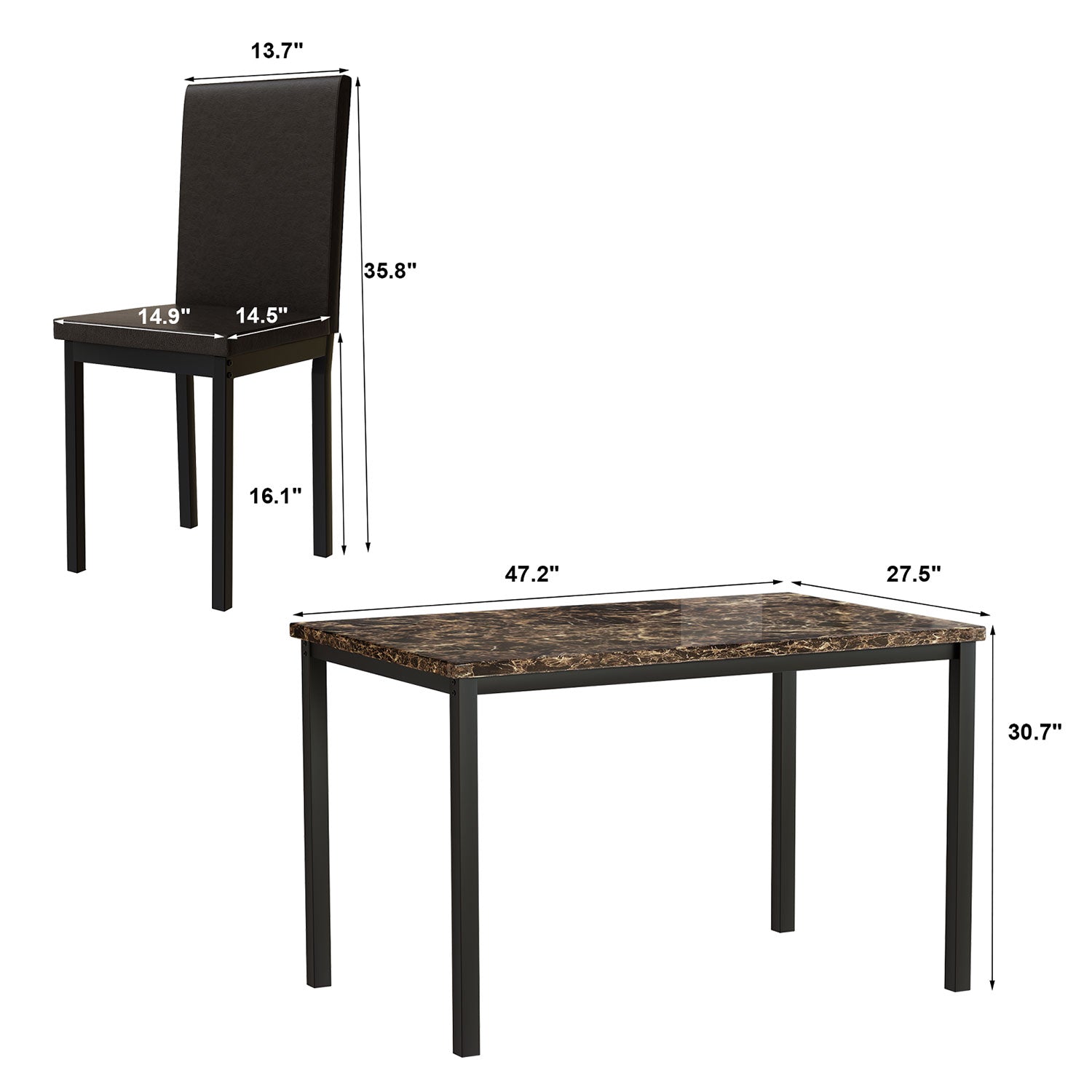 PAPROOS Dining Table Set for 4, Modern 5-Piece Kitchen Table Set with Marble Top and Faux Leather Upholstery Chairs