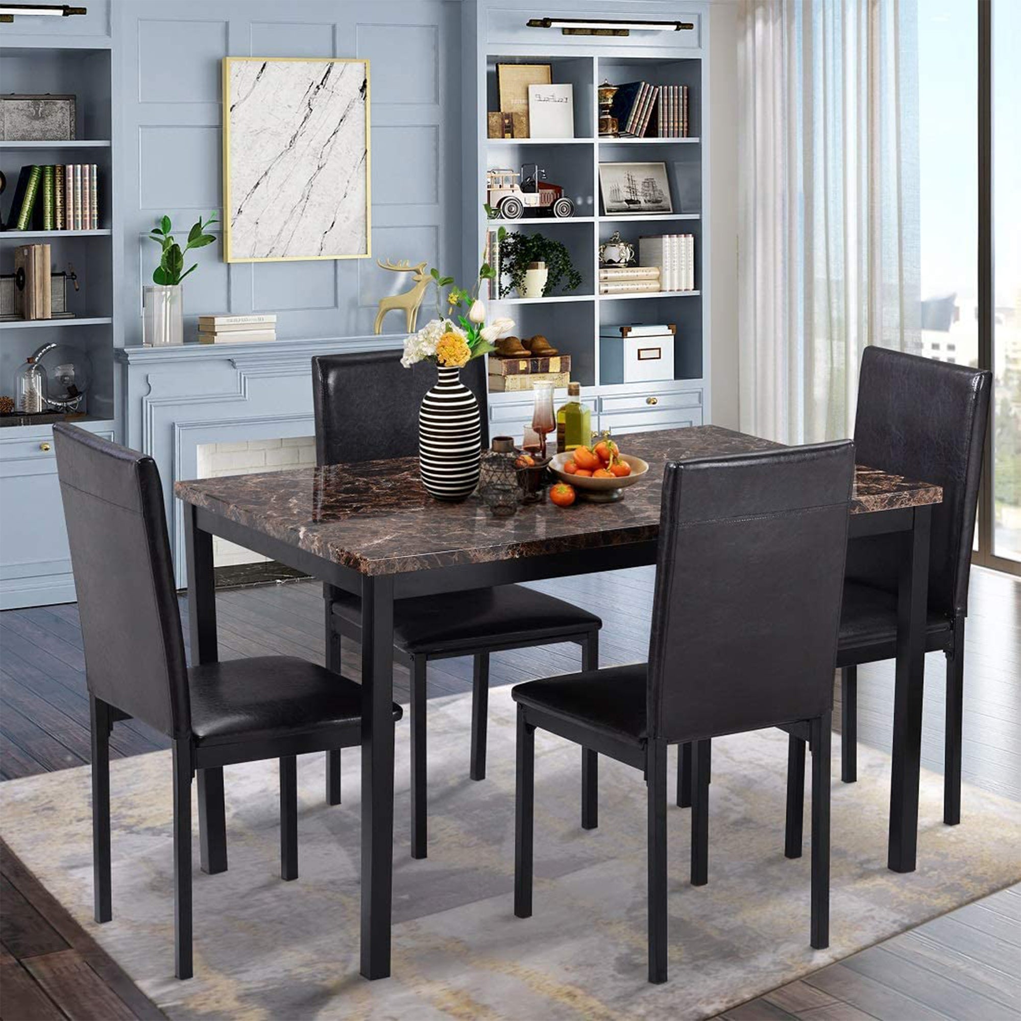 PAPROOS Dining Table Set for 4, Modern 5-Piece Kitchen Table Set with Marble Top and Faux Leather Upholstery Chairs