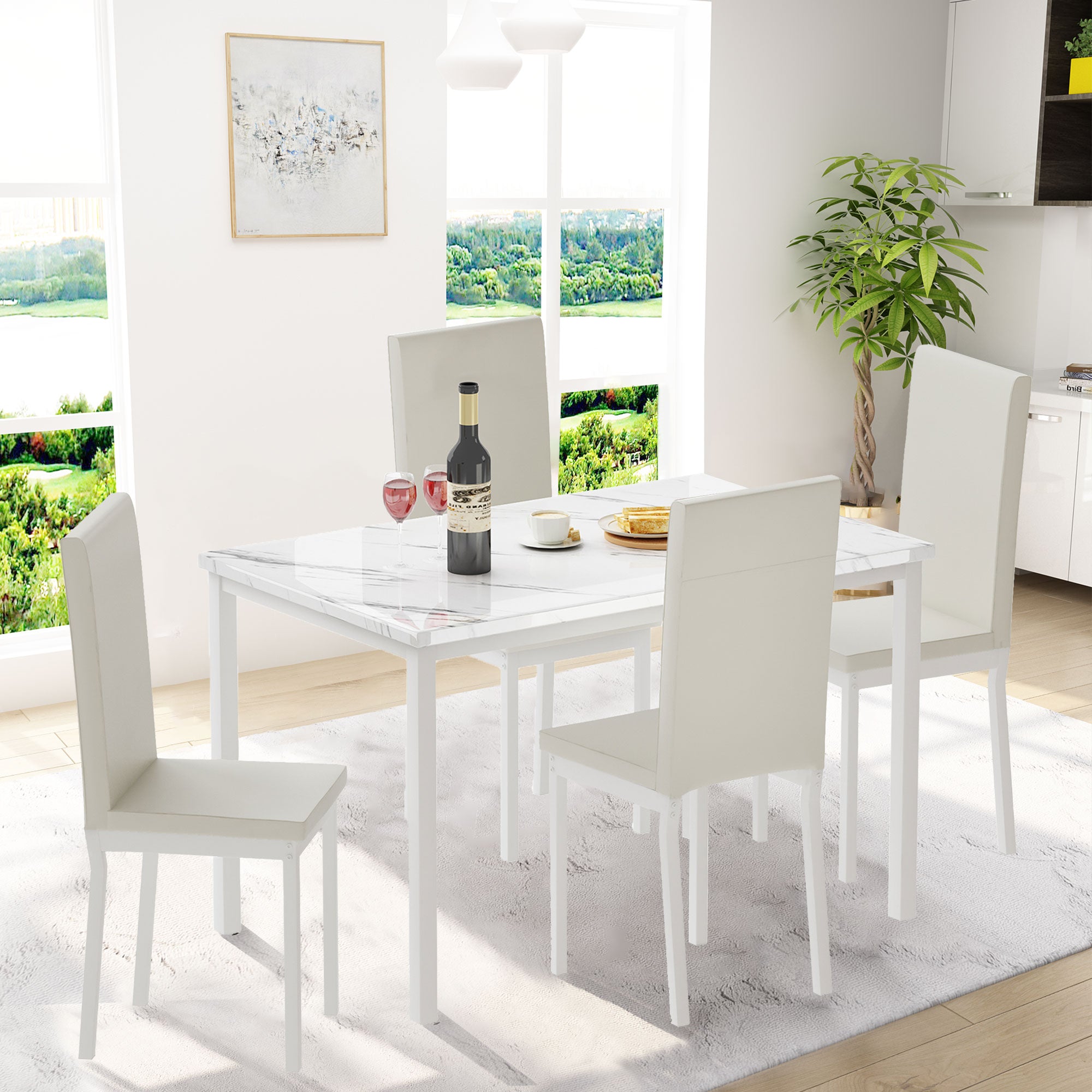 PAPROOS Dining Table Set for 4, Modern 5-Piece Kitchen Table Set with Marble Top and Faux Leather Upholstery Chairs
