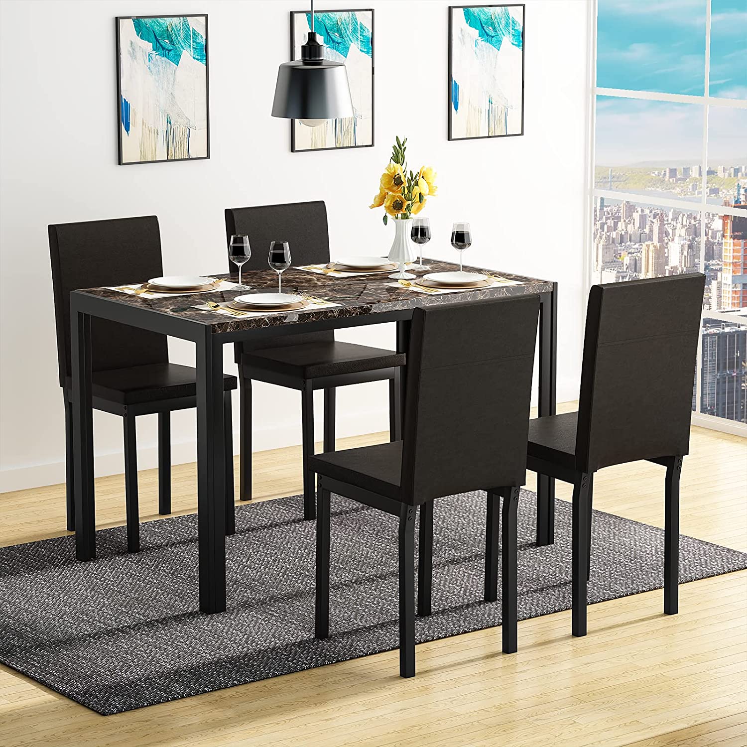 PAPROOS Dining Table Set for 4, Modern 5-Piece Kitchen Table Set with Marble Top and Faux Leather Upholstery Chairs