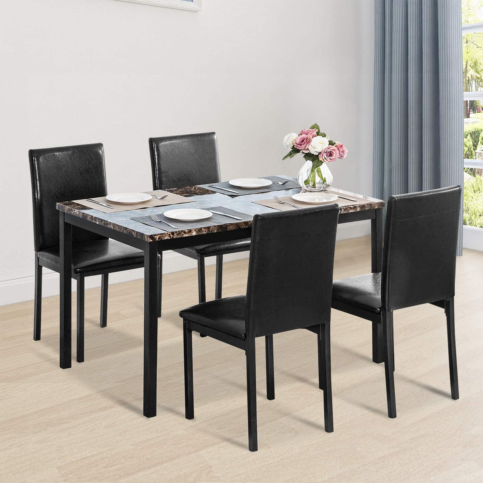 PAPROOS Dining Table Set for 4, Modern 5-Piece Kitchen Table Set with Marble Top and Faux Leather Upholstery Chairs