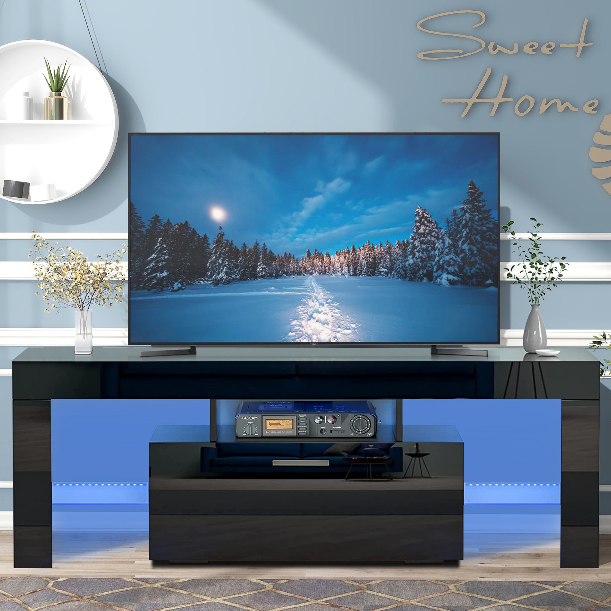 paproos TV Stand for 55 Inch TV, Modern High Glossy TV Cabinet with Remote Control and LED Lights
