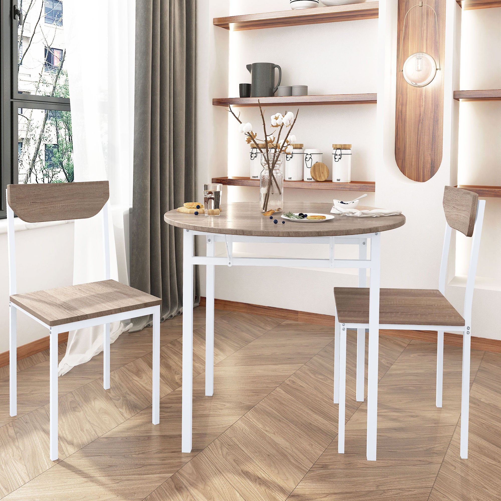 paproos 3-Piece Dining Table Set with Drop Leaf and 2 Chairs, LJC