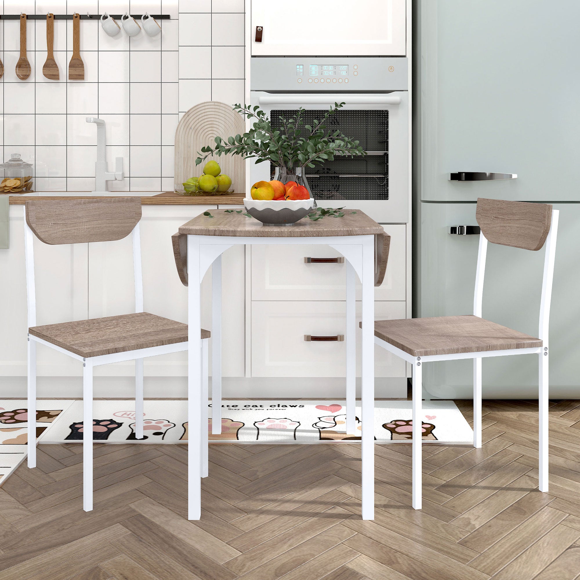 paproos 3-Piece Dining Table Set with Drop Leaf and 2 Chairs, LJC
