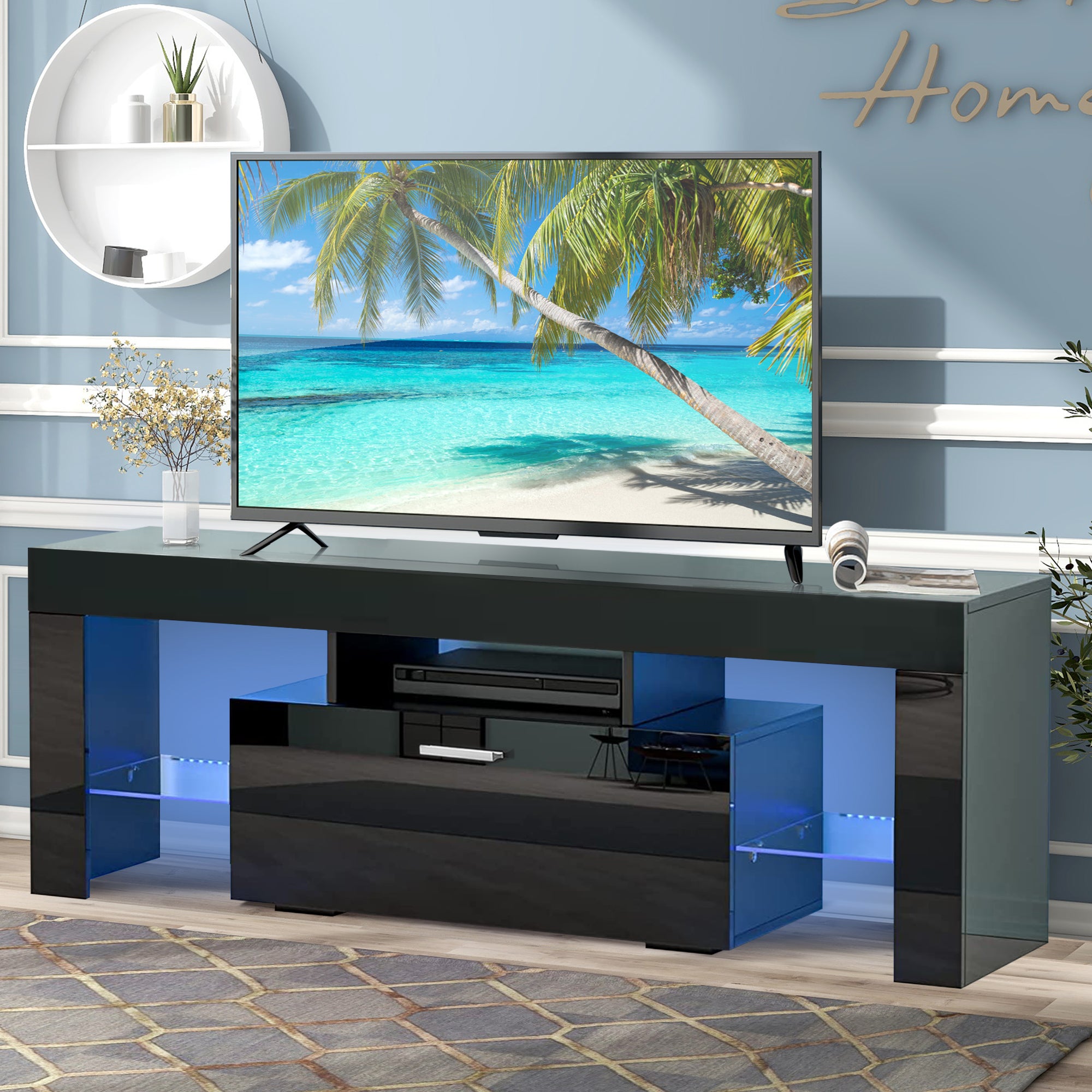paproos TV Stand for 55 Inch TV, Modern High Glossy TV Cabinet with Remote Control and LED Lights