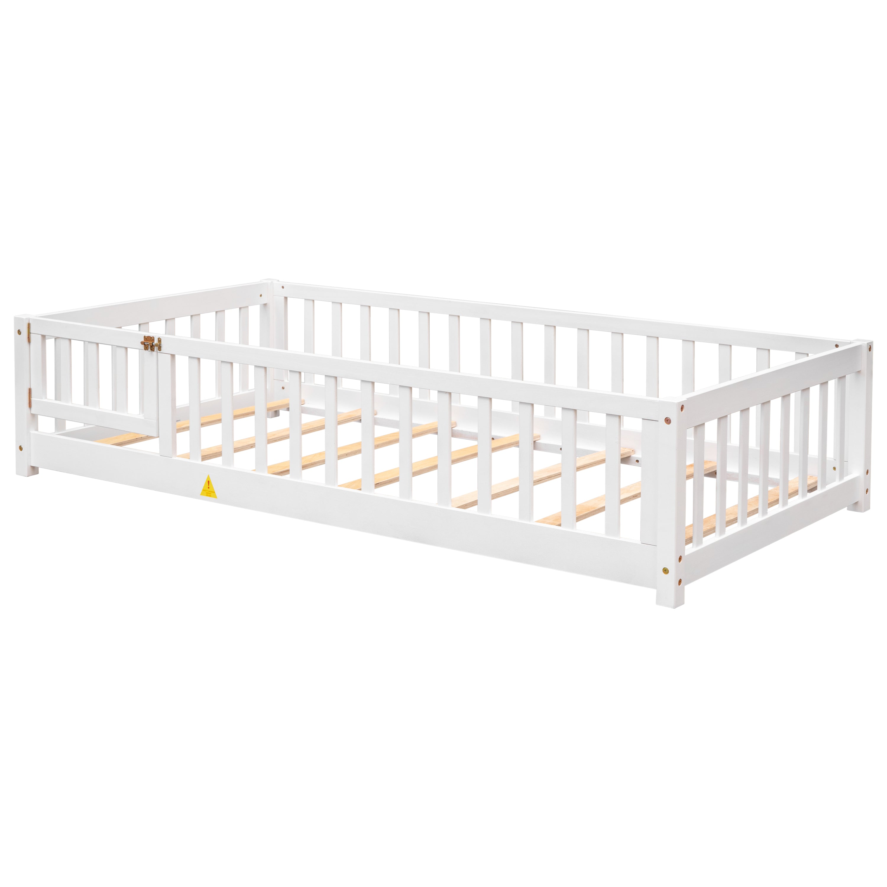 Paproos Floor Bed Frame for Toddler, Wood Platform Bed with Fence and Door