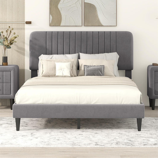 paproos Full Size Bed Frame, New Upgraded Velvet Upholstered Platform Bed with Headboard, Holds 600LBS, No Box Spring Needed, Gray