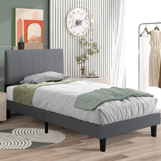 paproos Upholstered Twin Bed Frame, New Upgraded Fabric Platform Bed with Headboard