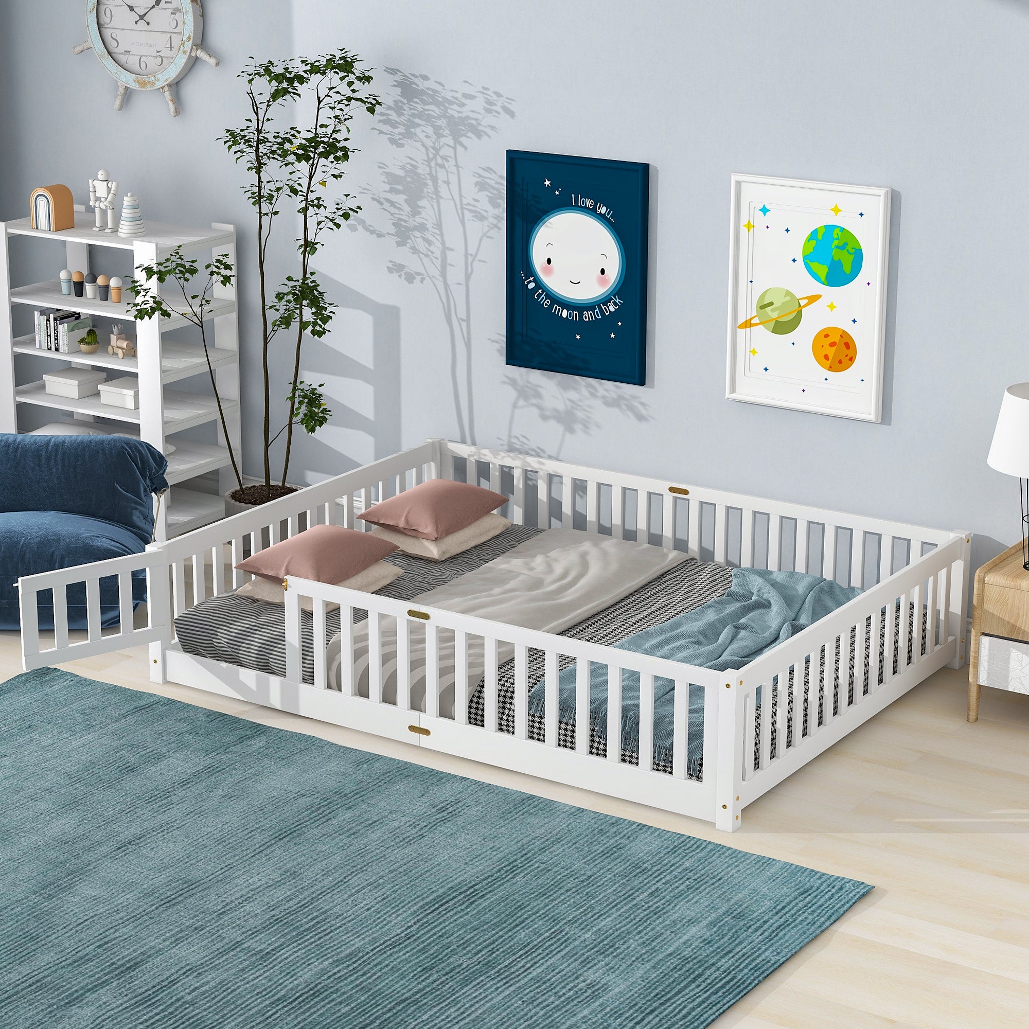 Paproos Floor Bed Frame for Toddler, Wood Platform Bed with Fence and Door