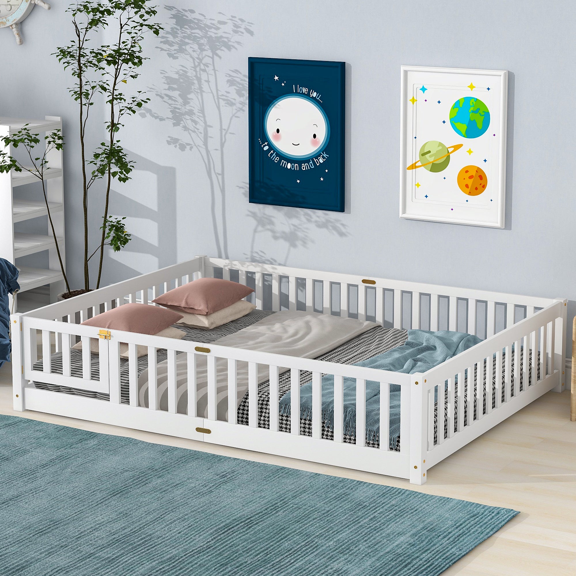 Paproos Floor Bed Frame for Toddler, Wood Platform Bed with Fence and Door