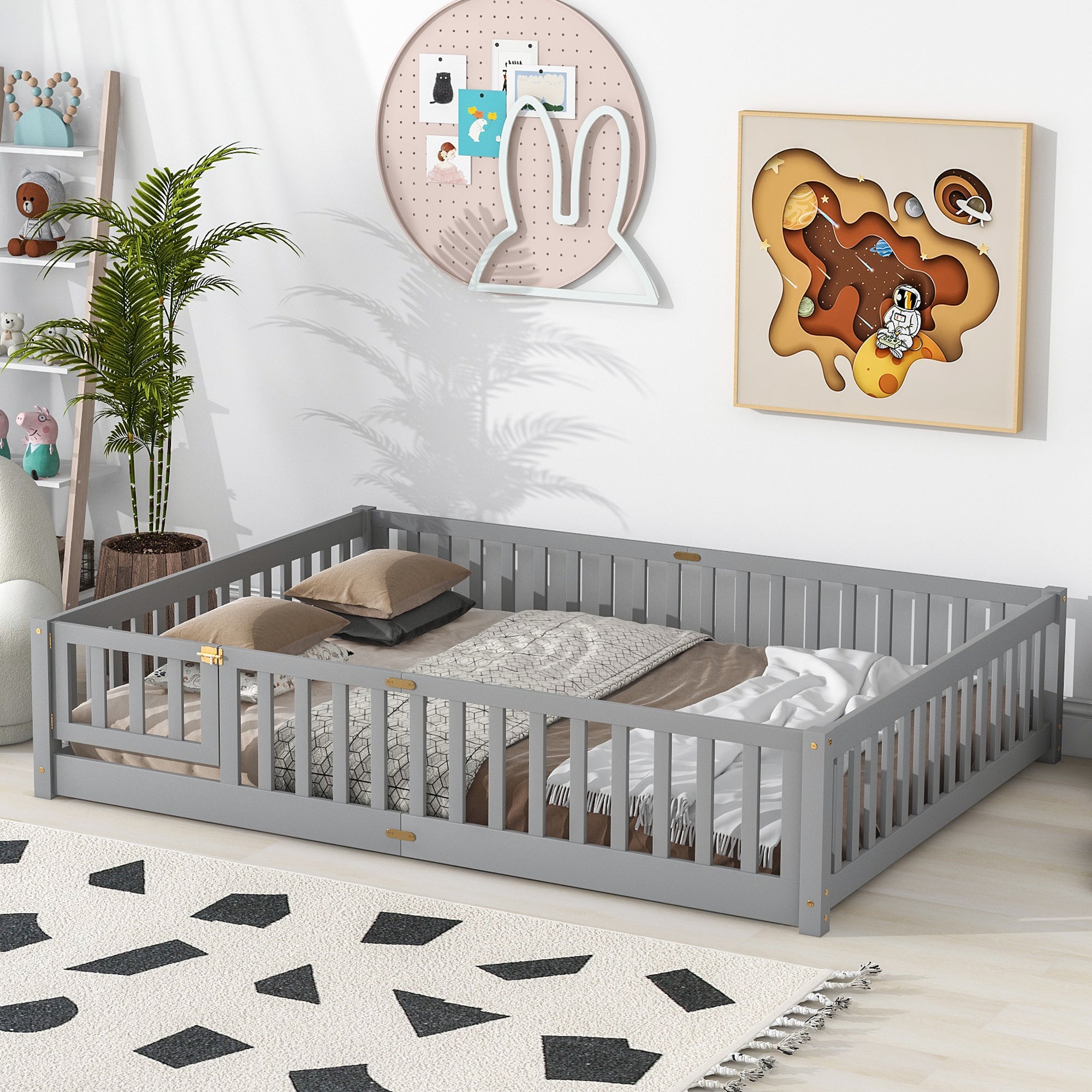 Paproos Floor Bed Frame for Toddler, Wood Platform Bed with Fence and Door