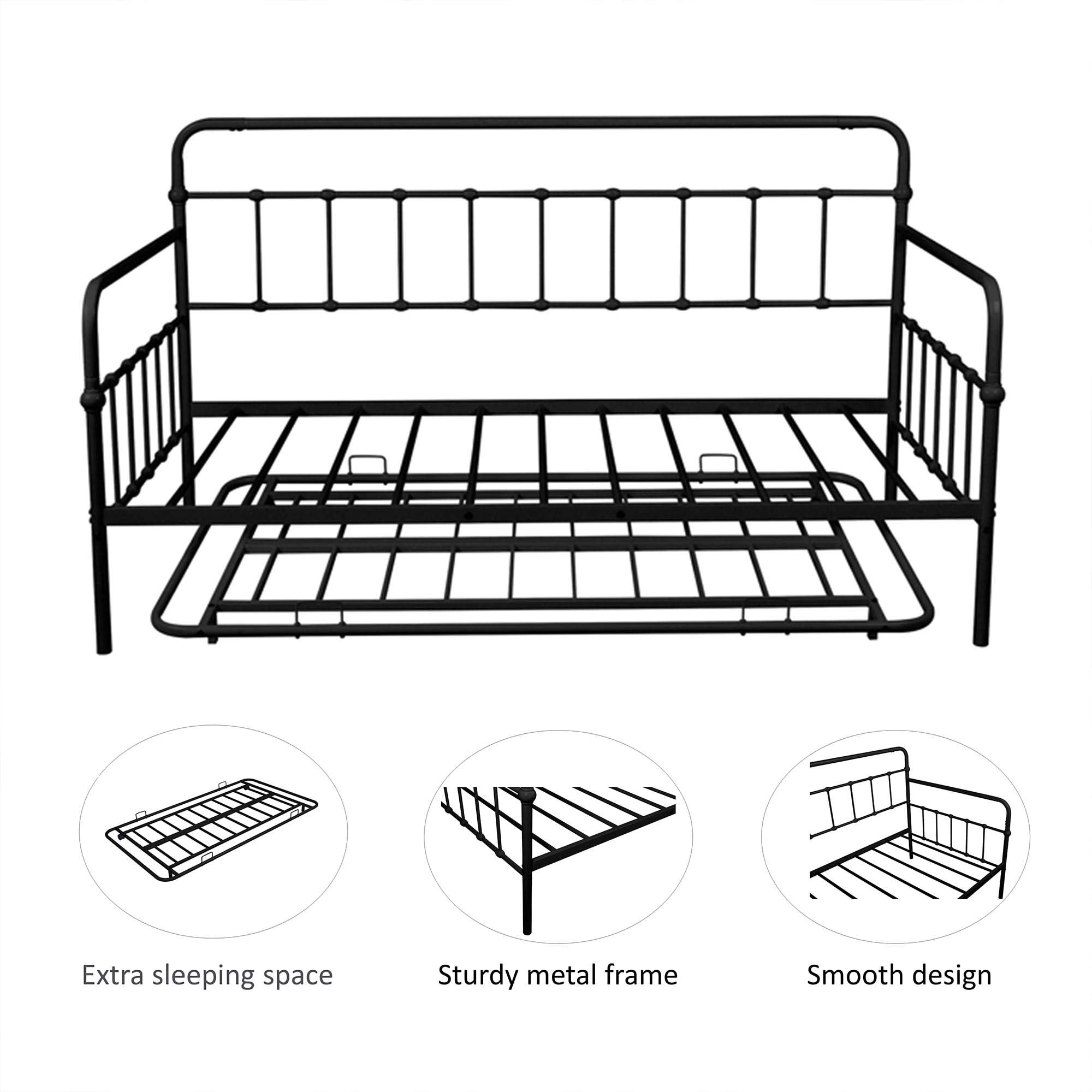 paproos Vintage Metal Daybed with Trundle, Twin Metal Sofa Bed with Trundle, Steel Daybed for Bedroom Guest Room, Black