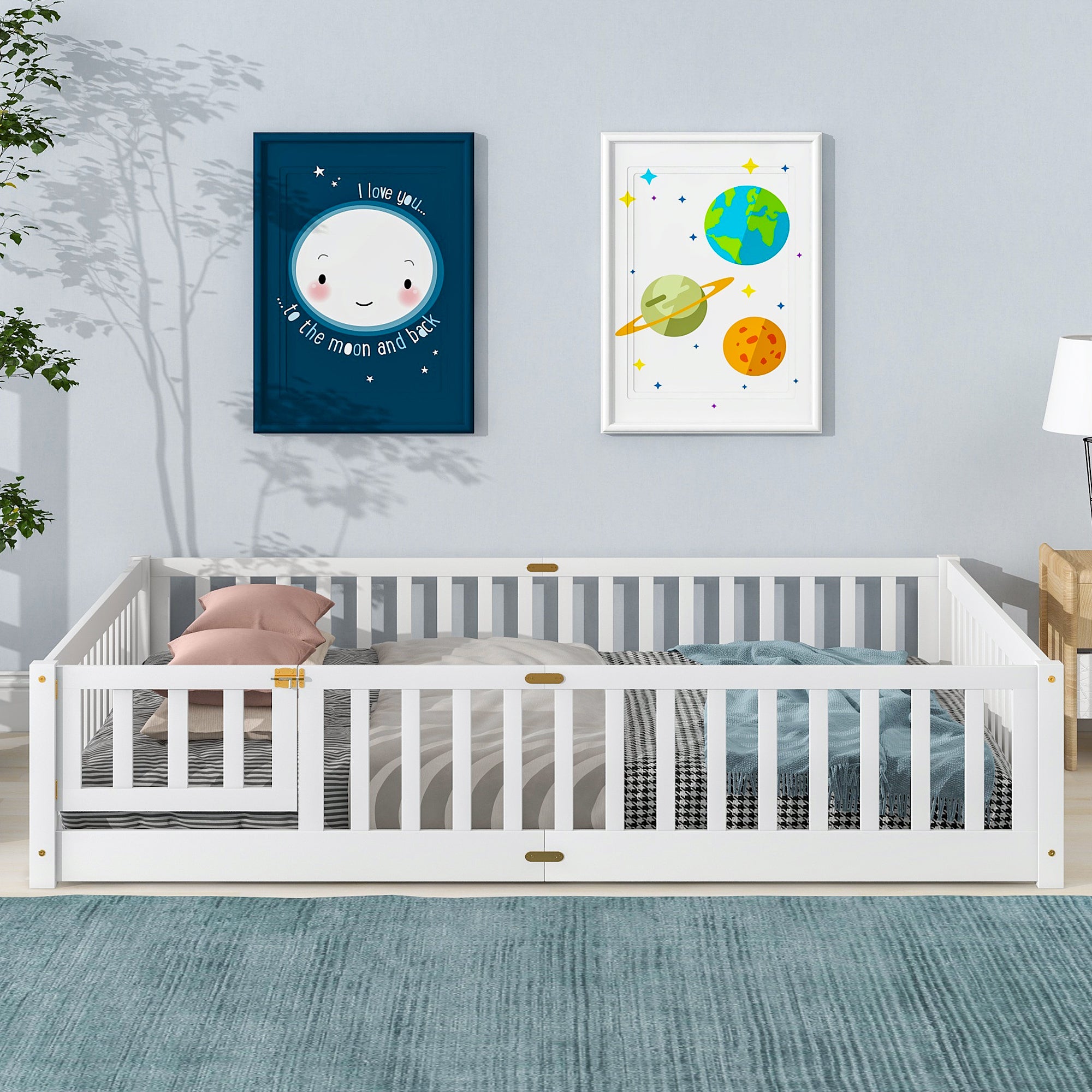 Paproos Floor Bed Frame for Toddler, Wood Platform Bed with Fence and Door
