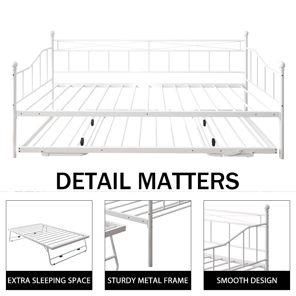 paproos Metal Daybed with Pop Up Trundle, Twin Adjustable Metal Sofa Bed with Adjustable Trundle Steel Daybed for Bedroom Guest Room, White