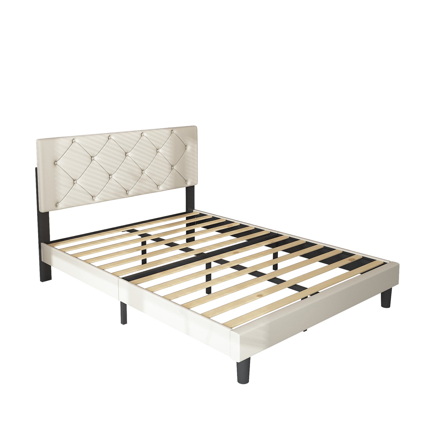 paproos Full Bed Frame, Upholstered Linen Fabric Platform Bed with Headboard, Strong Wooden Slats Support, No Box Spring Needed, Beige