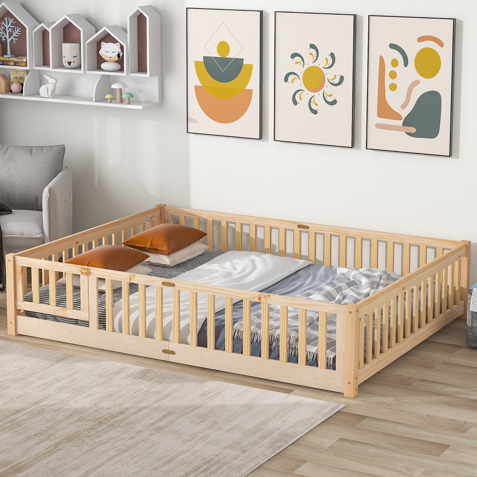 Paproos Floor Bed Frame for Toddler, Wood Platform Bed with Fence and Door