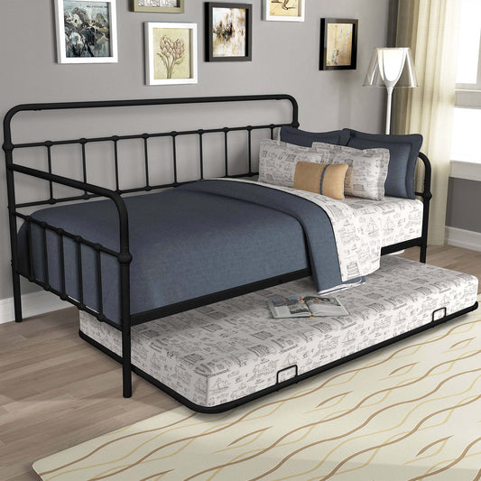 paproos Vintage Metal Daybed with Trundle, Twin Metal Sofa Bed with Trundle, Steel Daybed for Bedroom Guest Room, Black