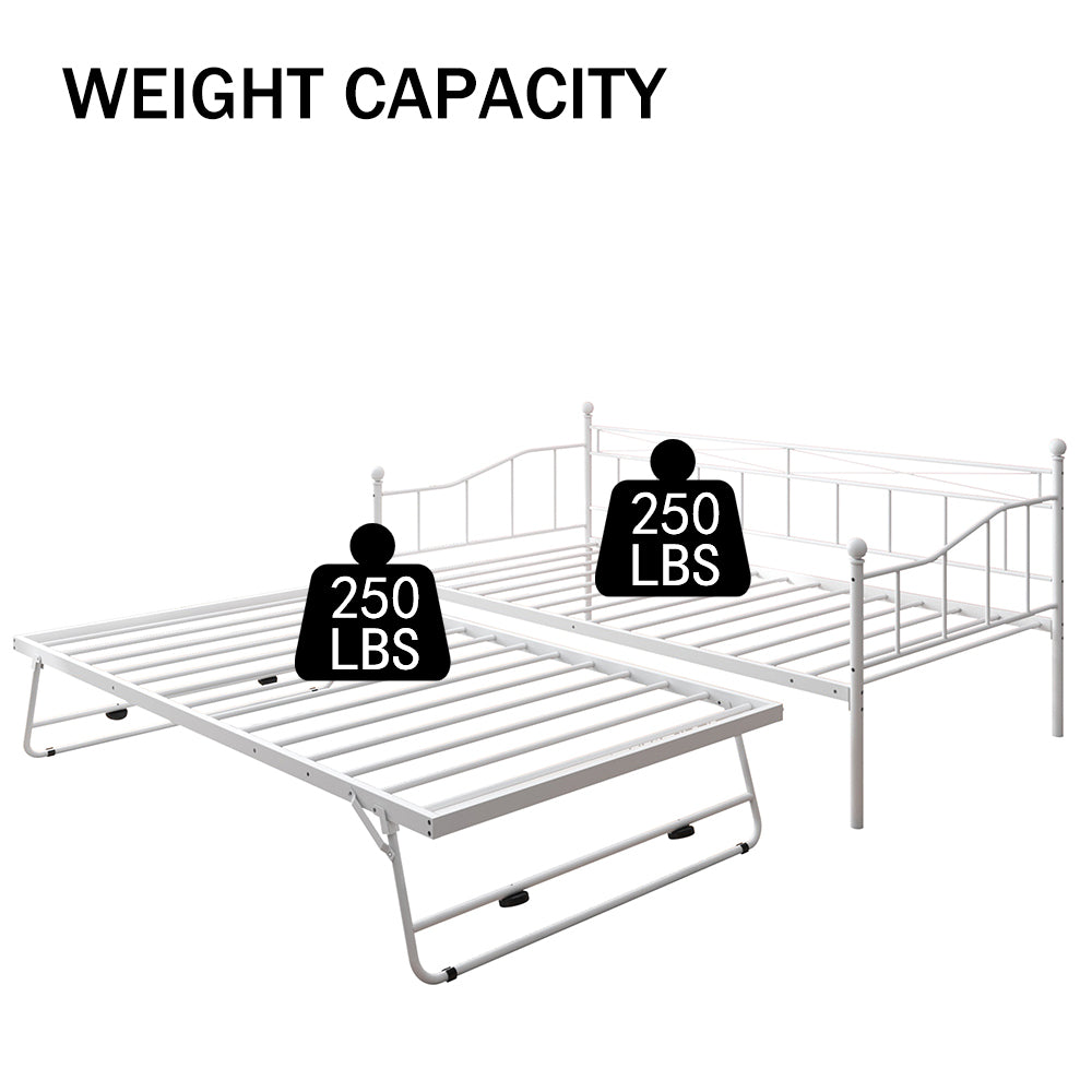 paproos Metal Daybed with Pop Up Trundle, Twin Adjustable Metal Sofa Bed with Adjustable Trundle Steel Daybed for Bedroom Guest Room, White
