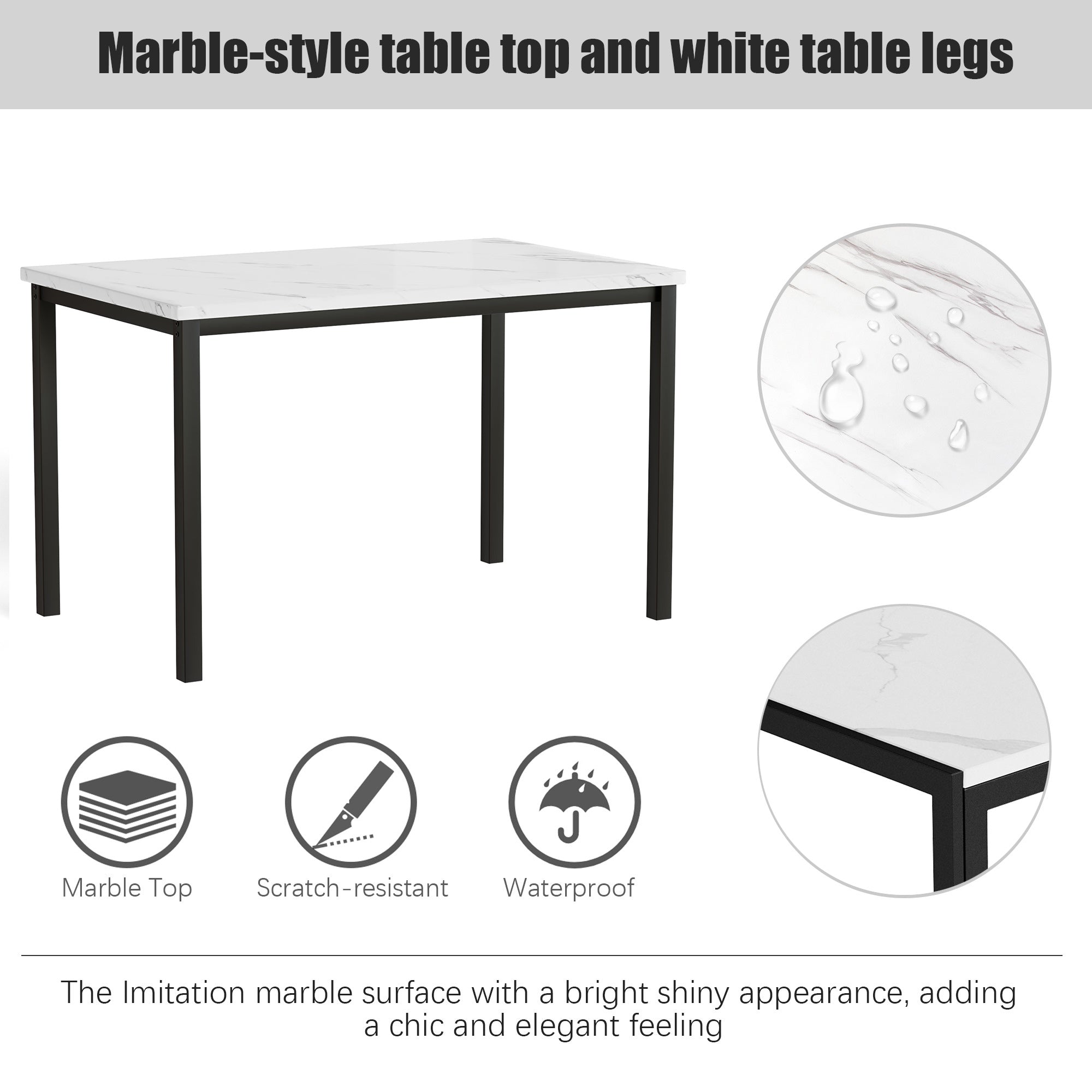 PAPROOS Dining Table Set for 4, Modern 5-Piece Kitchen Table Set with Marble Top and Faux Leather Upholstery Chairs