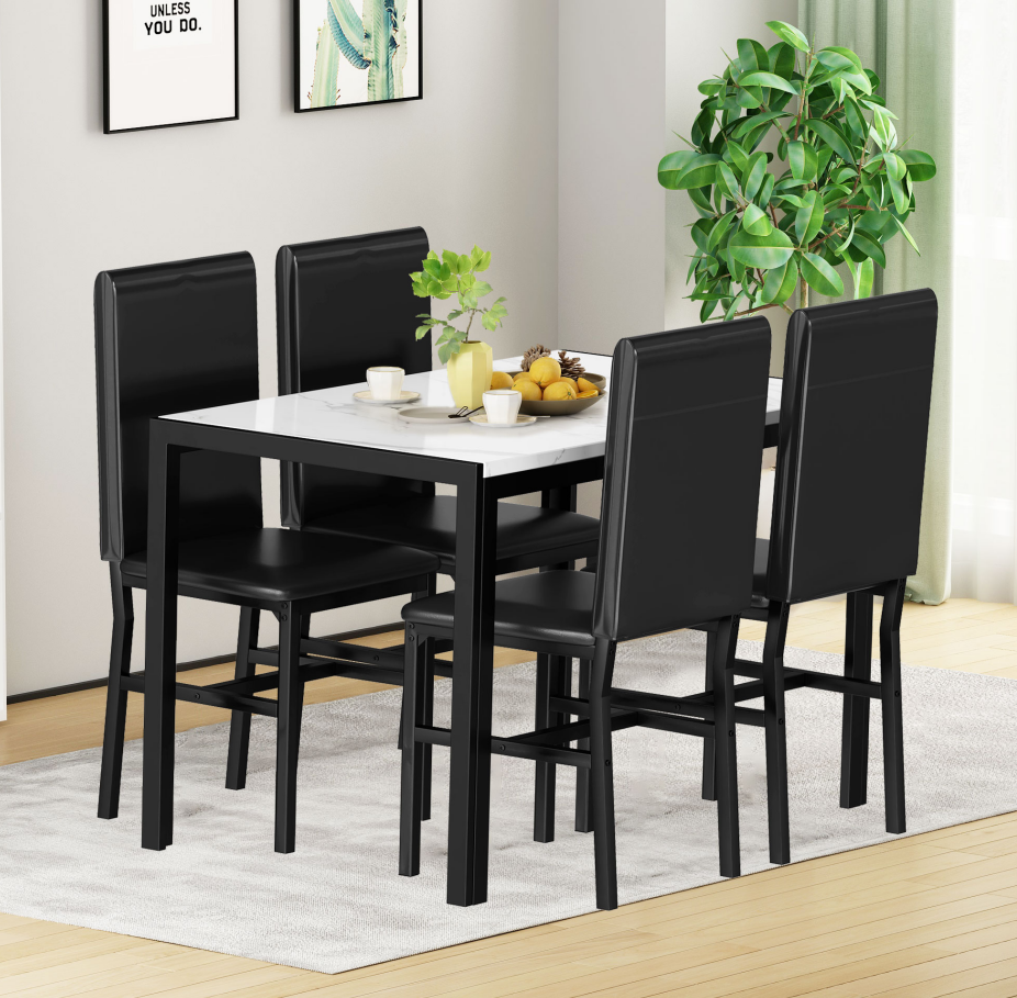 PAPROOS Dining Table Set for 4, Modern 5-Piece Kitchen Table Set with Marble Top and Faux Leather Upholstery Chairs