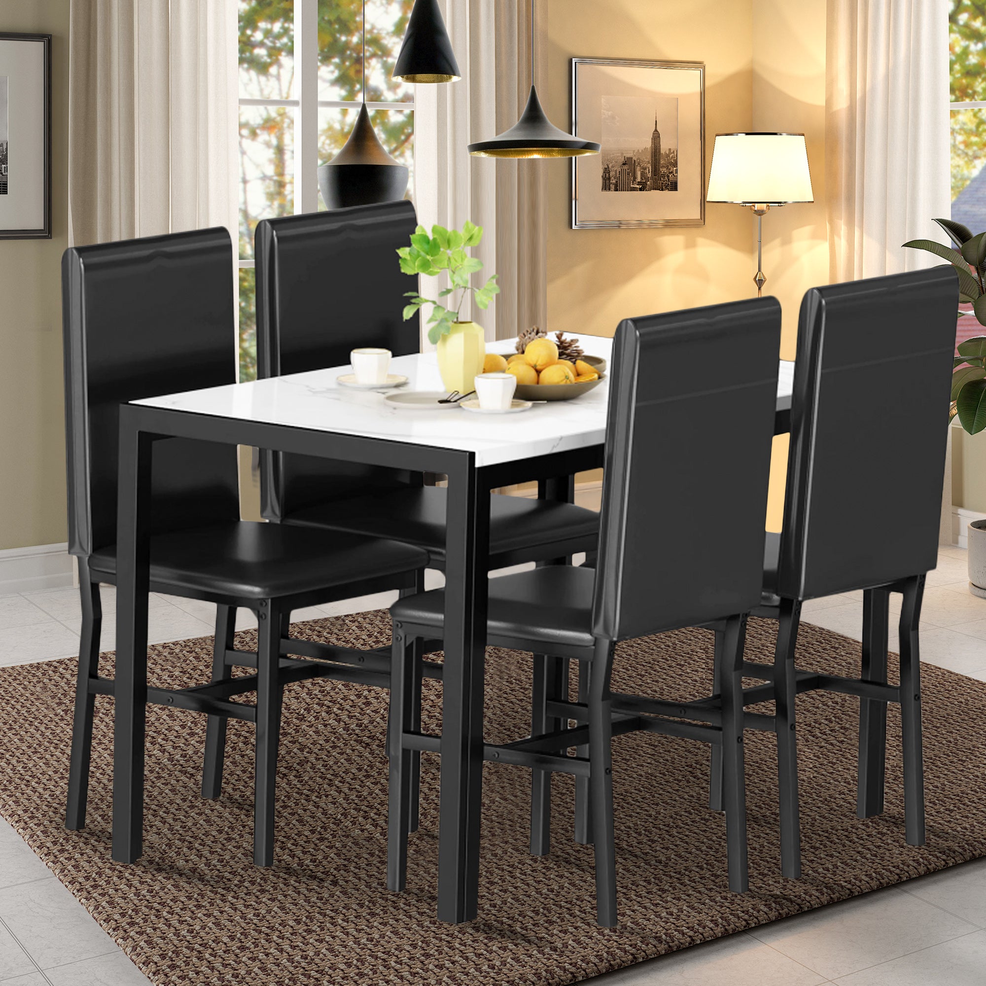PAPROOS Dining Table Set for 4, Modern 5-Piece Kitchen Table Set with Marble Top and Faux Leather Upholstery Chairs