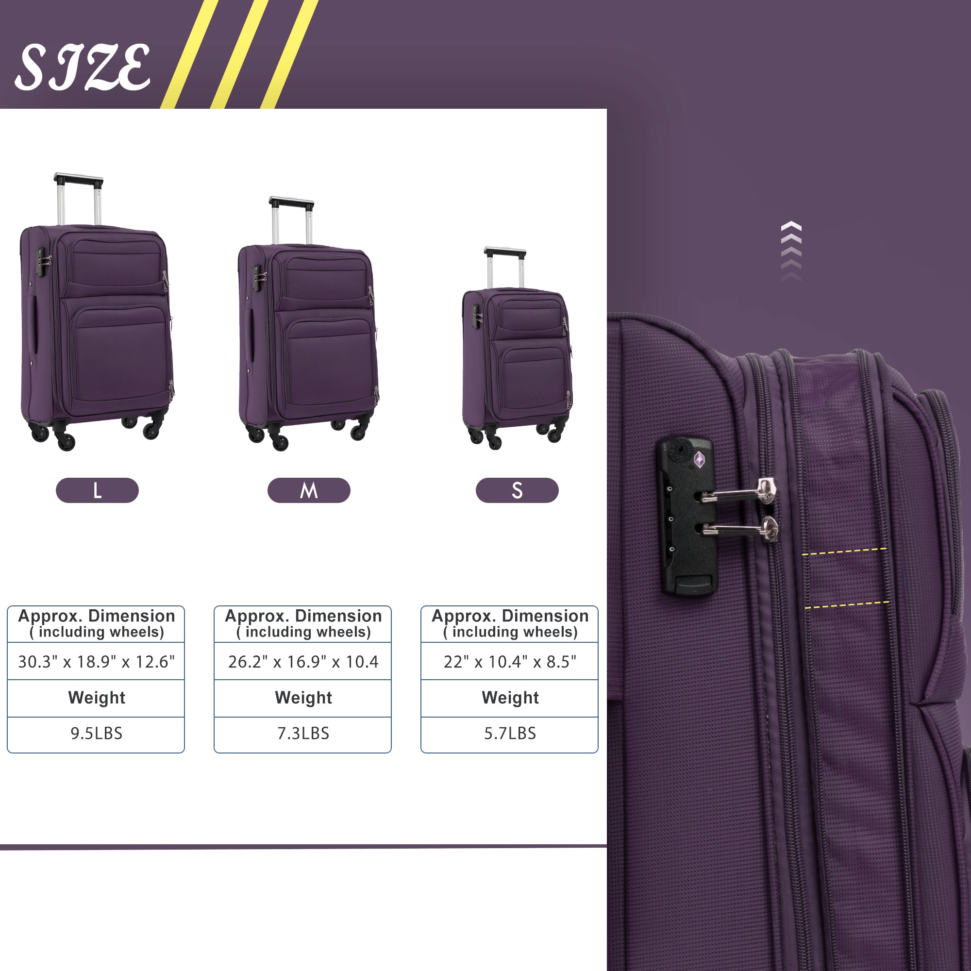 paproos 3 PCS Luggage Set, Lightweight Carry on Softside Suitcases Set, 22in 26in 30in
