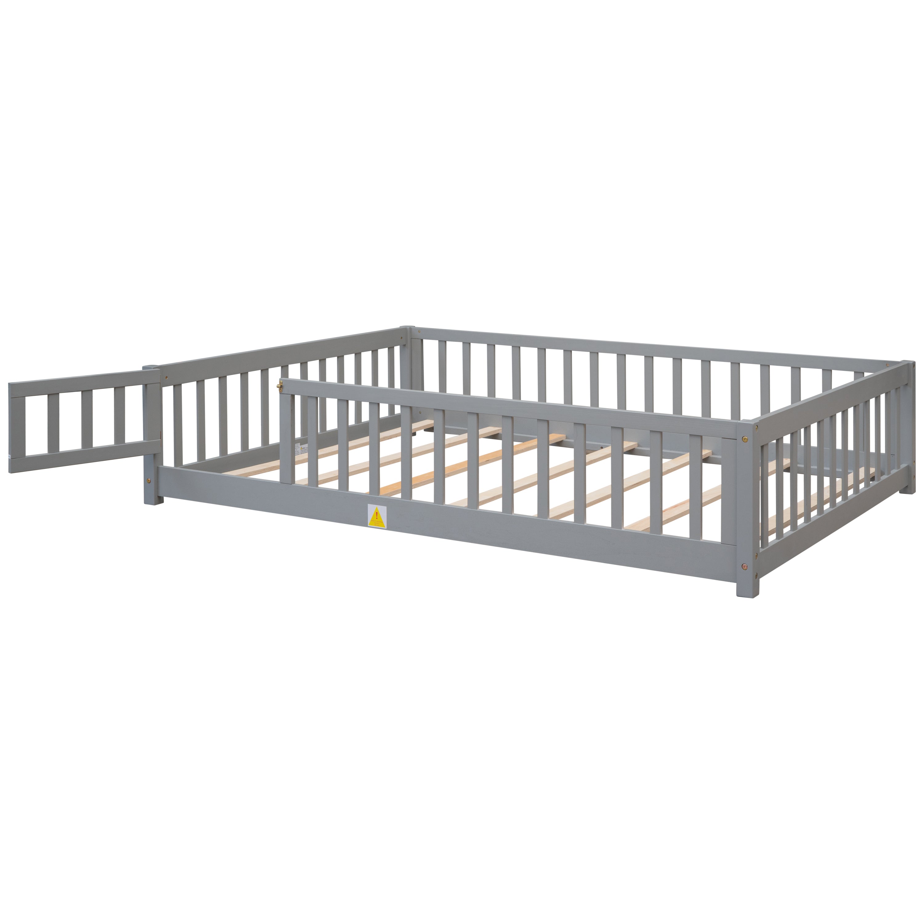 Paproos Floor Bed Frame for Toddler, Wood Platform Bed with Fence and Door