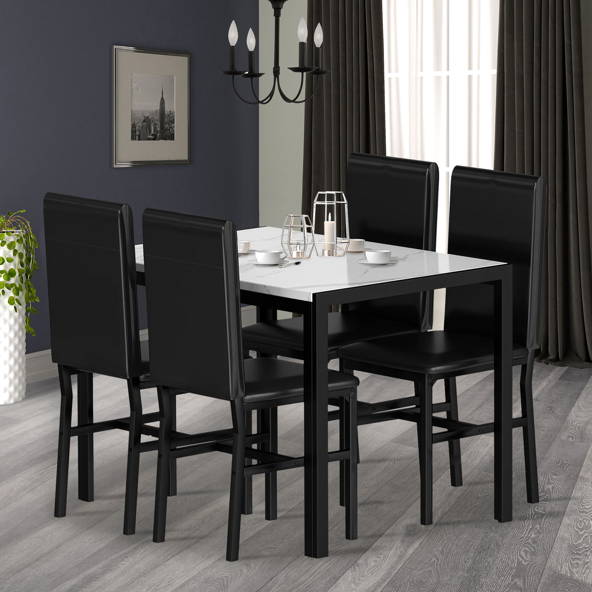 PAPROOS Dining Table Set for 4, Modern 5-Piece Kitchen Table Set with Marble Top and Faux Leather Upholstery Chairs