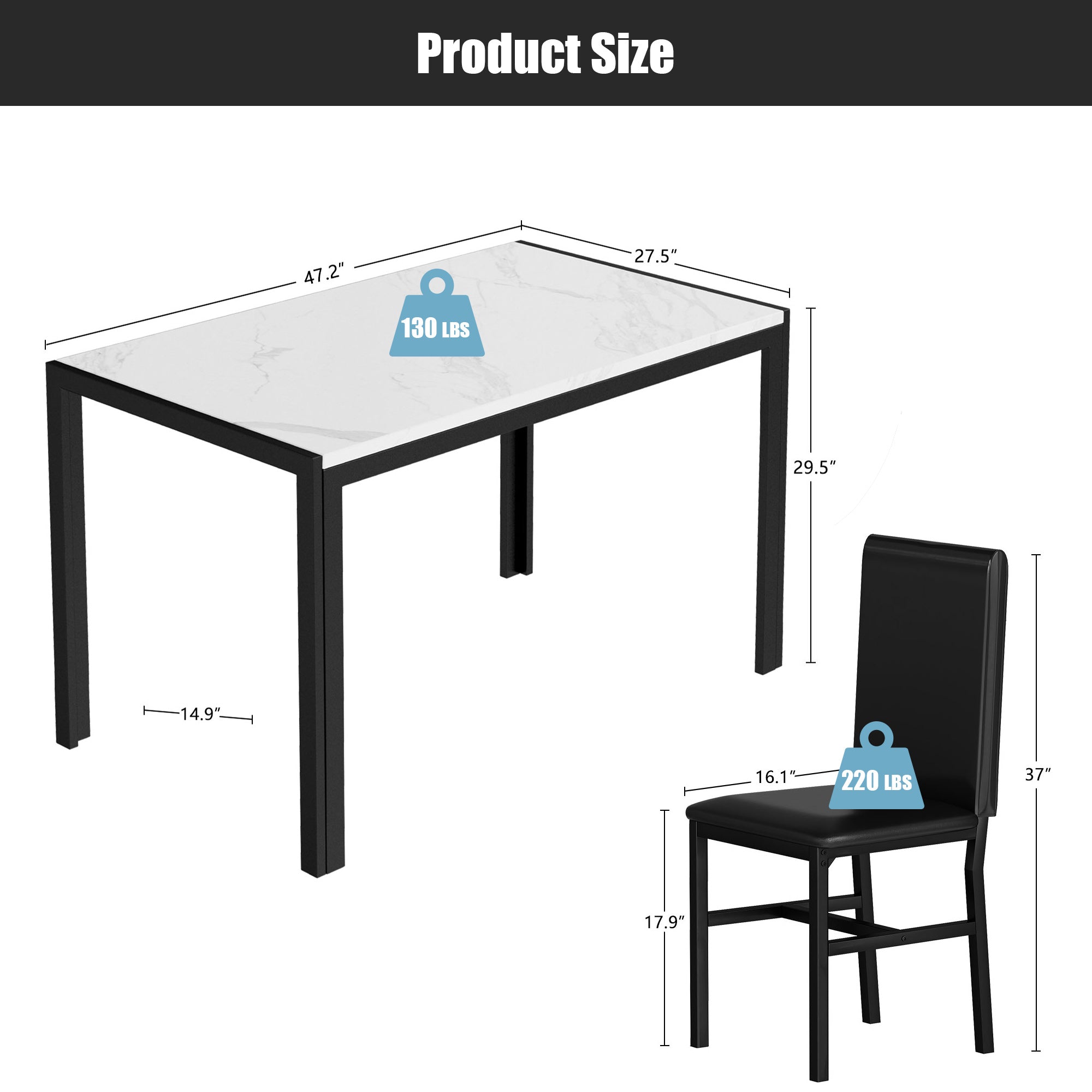 PAPROOS Dining Table Set for 4, Modern 5-Piece Kitchen Table Set with Marble Top and Faux Leather Upholstery Chairs