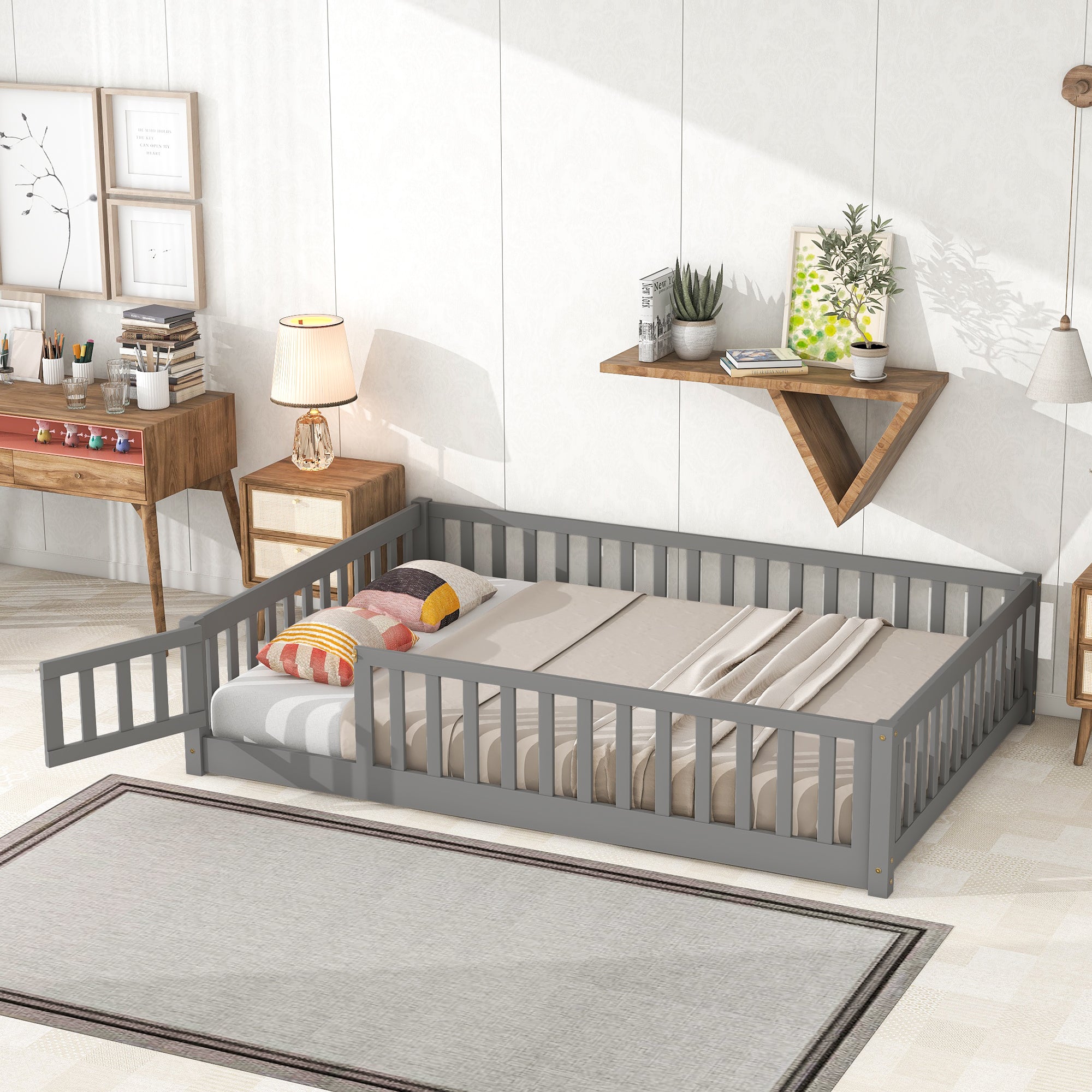 Paproos Floor Bed Frame for Toddler, Wood Platform Bed with Fence and Door