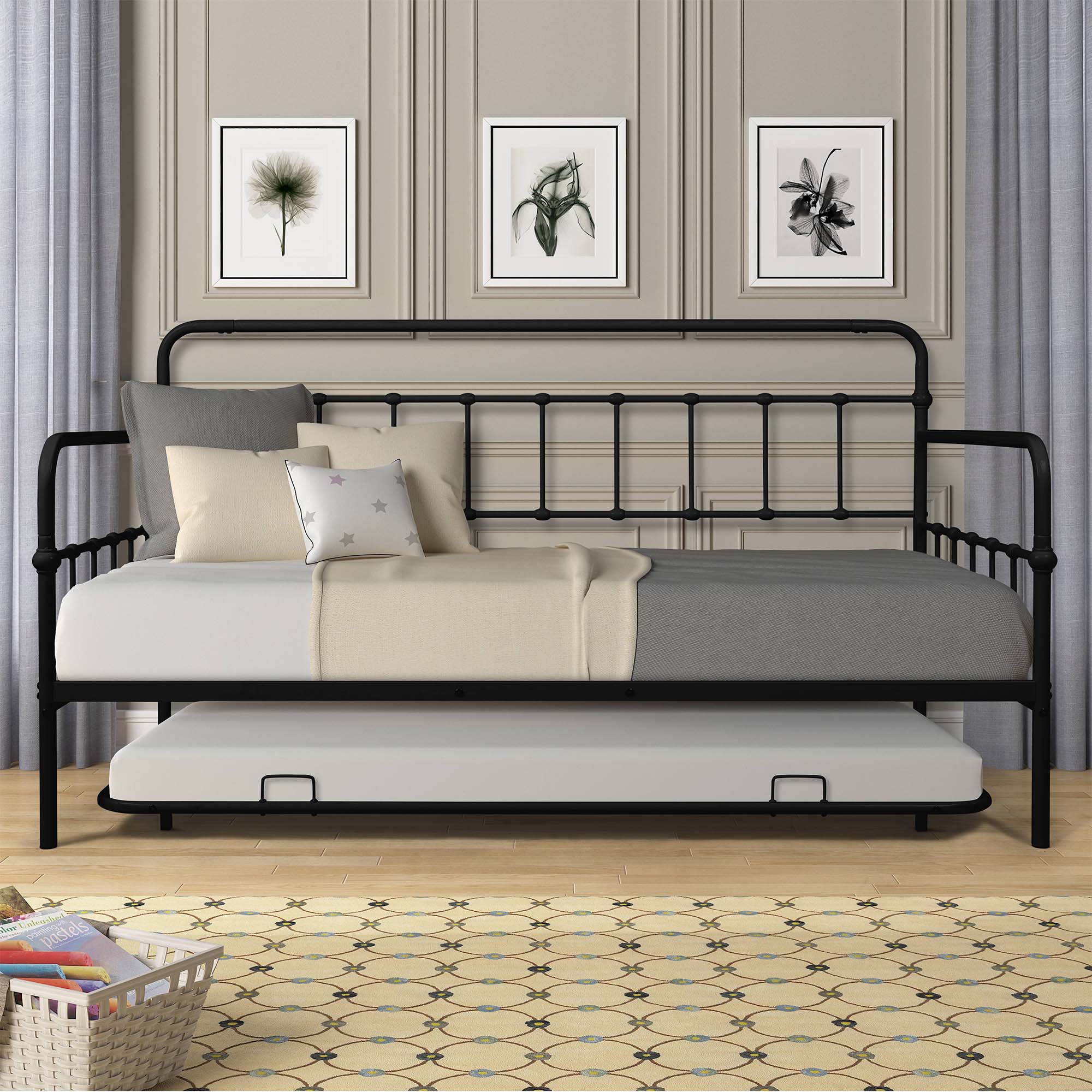 paproos Vintage Metal Daybed with Trundle, Twin Metal Sofa Bed with Trundle, Steel Daybed for Bedroom Guest Room, Black
