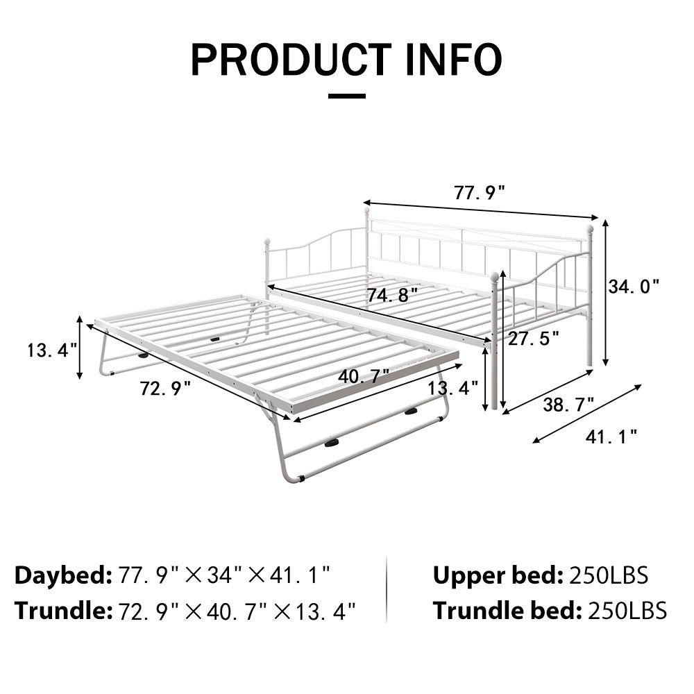 paproos Metal Daybed with Pop Up Trundle, Twin Adjustable Metal Sofa Bed with Adjustable Trundle Steel Daybed for Bedroom Guest Room, White