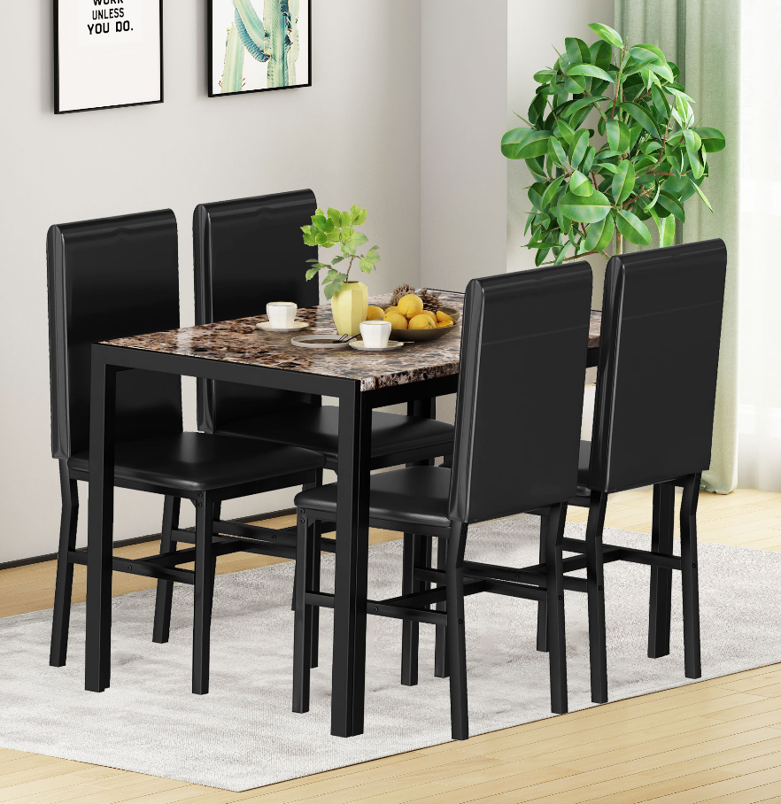 PAPROOS Dining Table Set for 4, Modern 5-Piece Kitchen Table Set with Marble Top and Faux Leather Upholstery Chairs